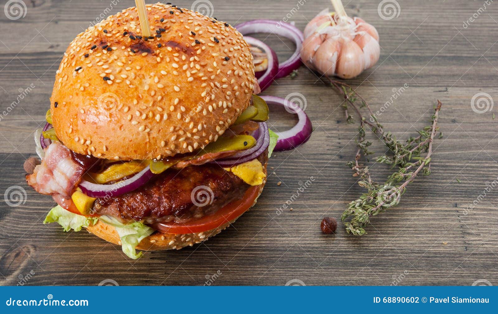 Bacon Cheese Burger with Beef Patty Tomato Onion Stock Photo Image of