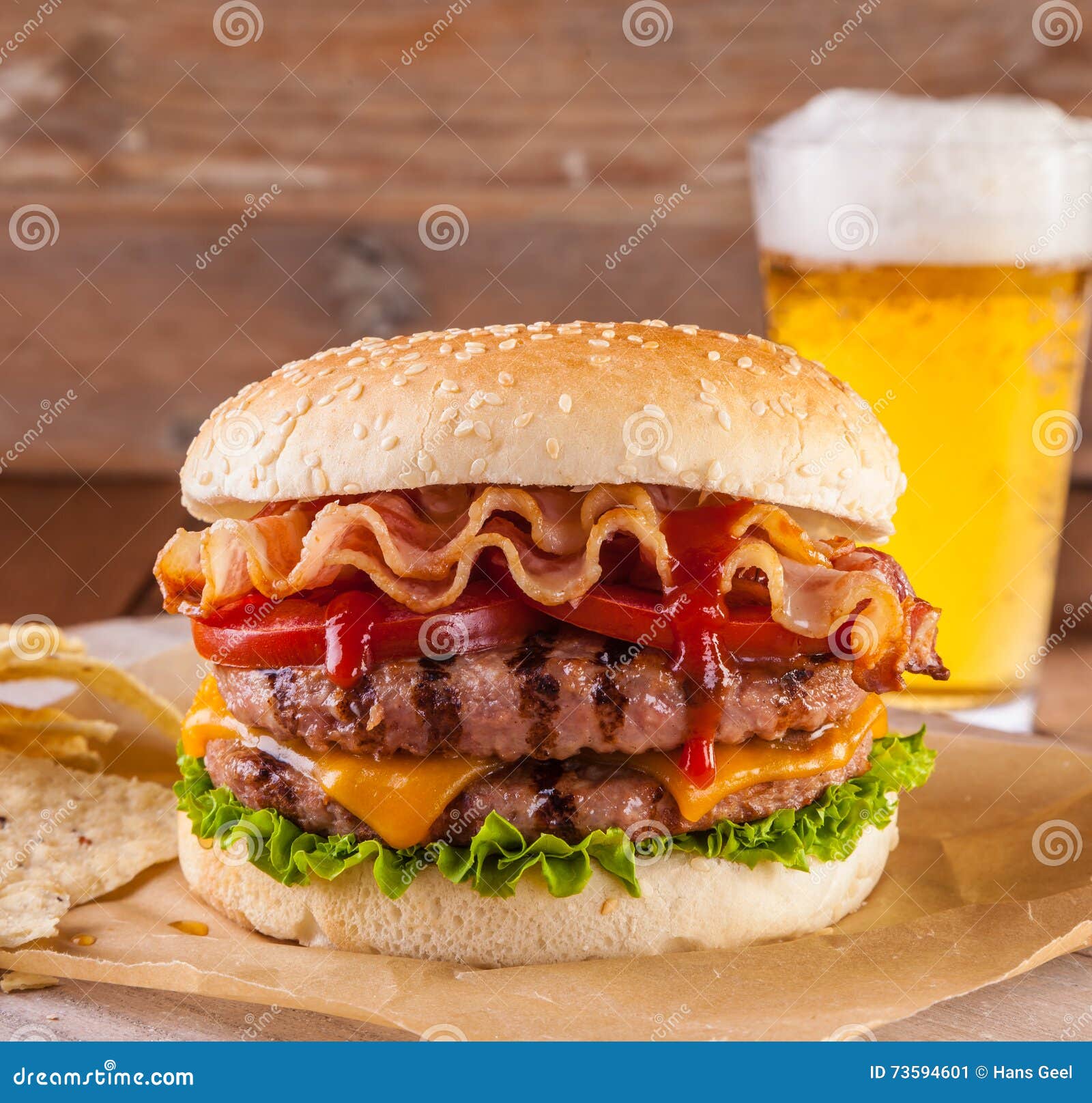 Bacon and cheese burger stock image. Image of ketchup - 73594601