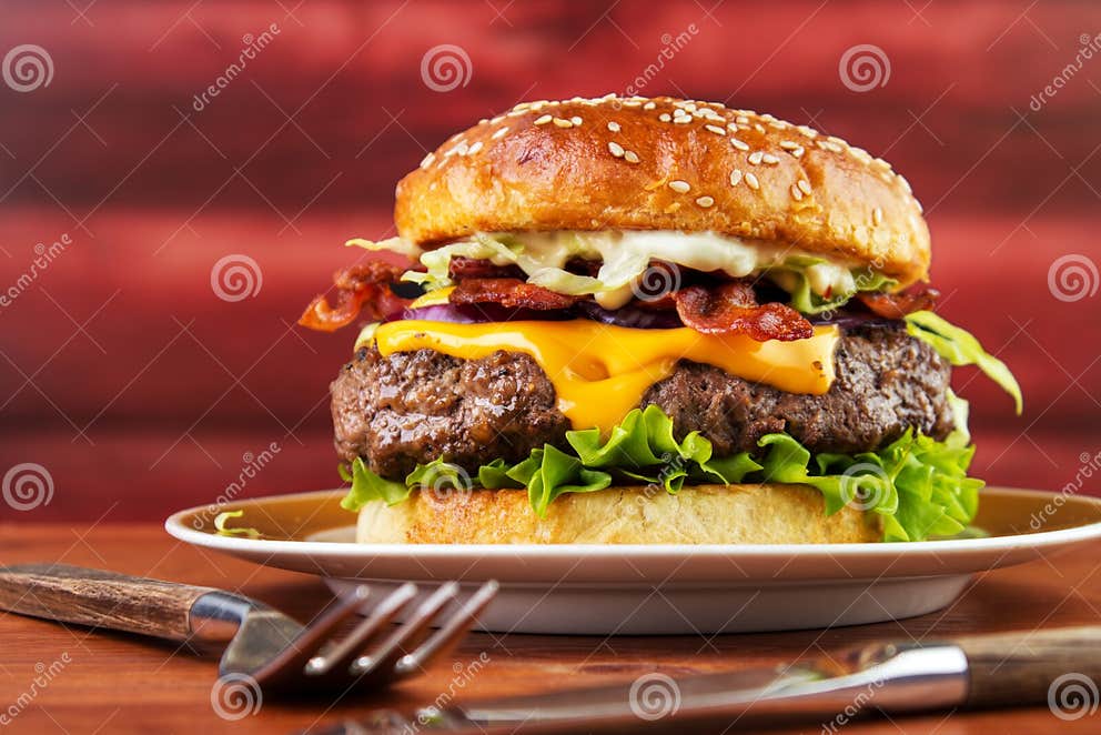 Bacon cheese burger stock image. Image of caption, bacon - 114385327