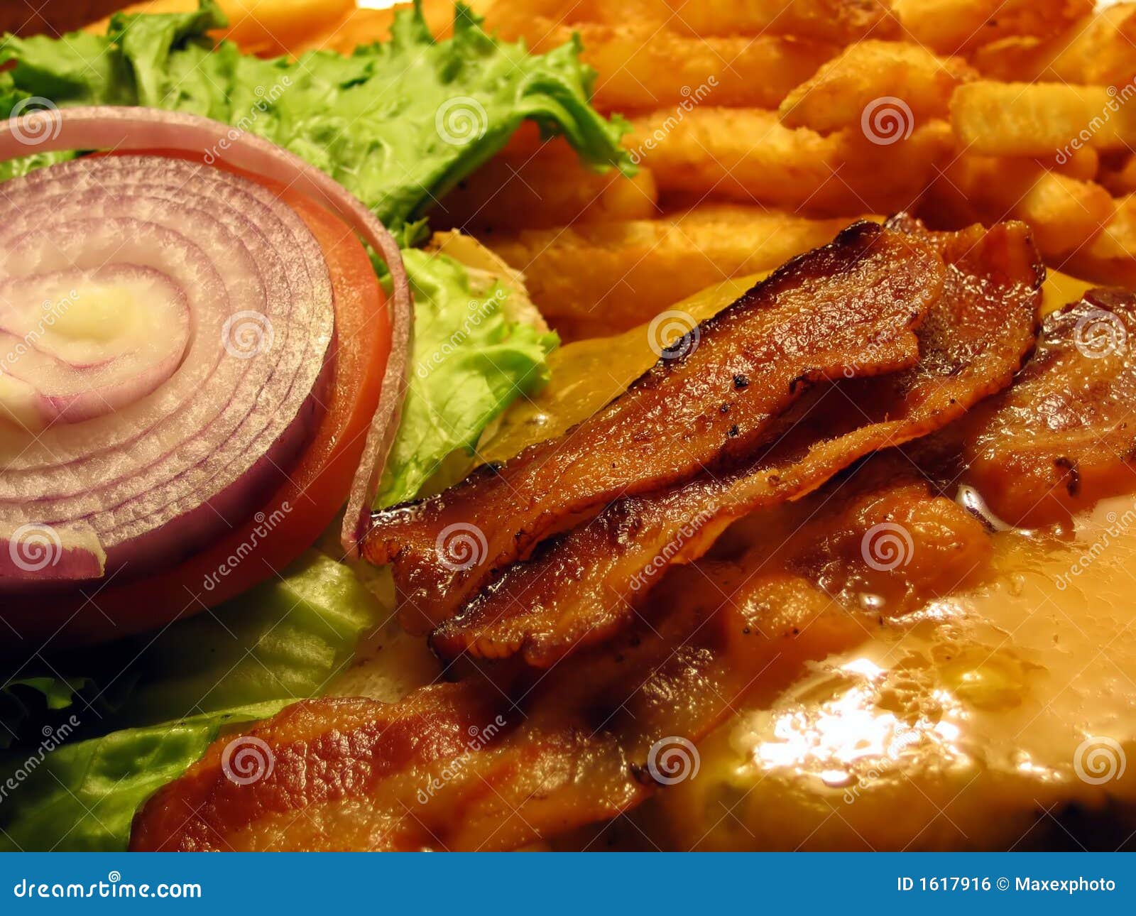 Bacon Cheeseburger and French Fries Stock Photo Image of french