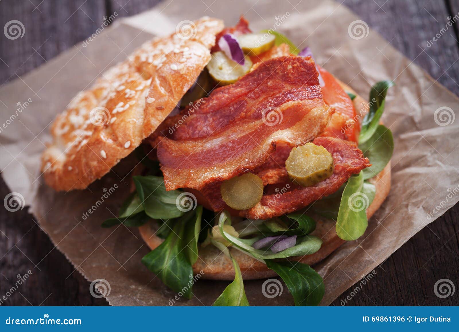 Bacon Sandwich with Tomato and Pickles Stock Photo Image of snack, burger 69861396