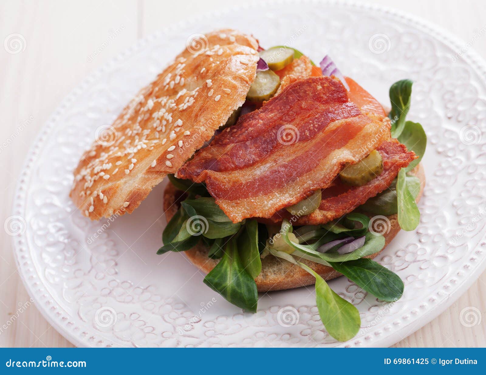 Bacon Sandwich with Tomato and Pickles Stock Image Image of horizontal, breakfast 69861425