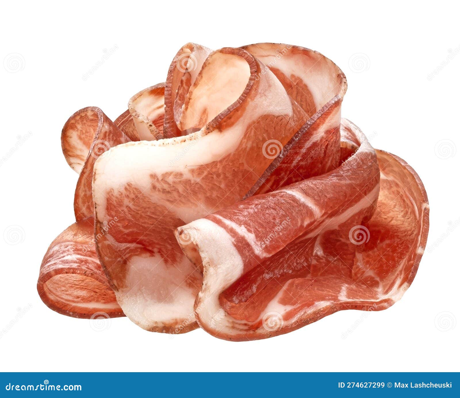 Bacon Strips, Pork Brisket Slices Isolated on White Background Stock