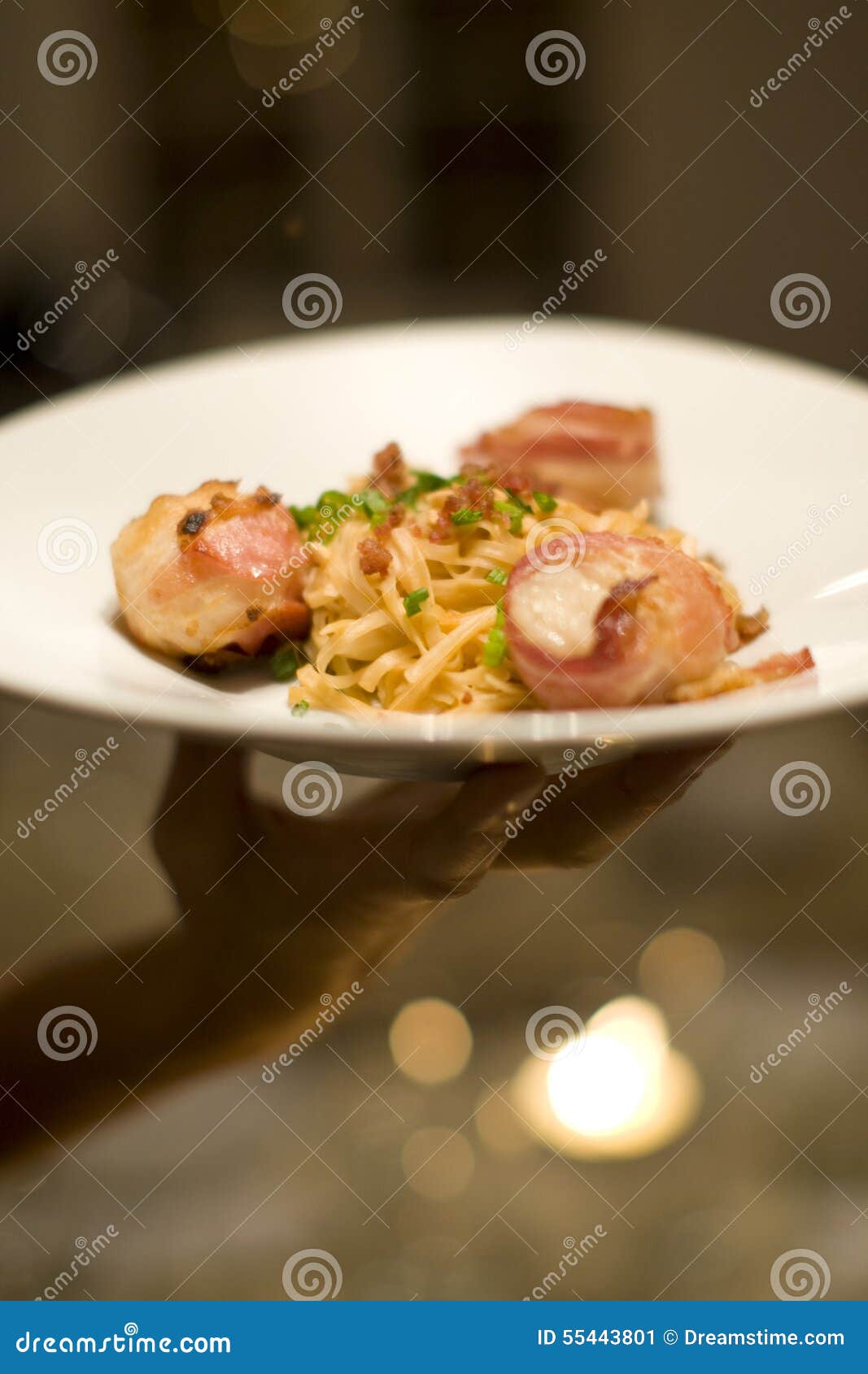 Bacon Wrapped Scallops and Fettuccine for Dinner Stock Image Image of