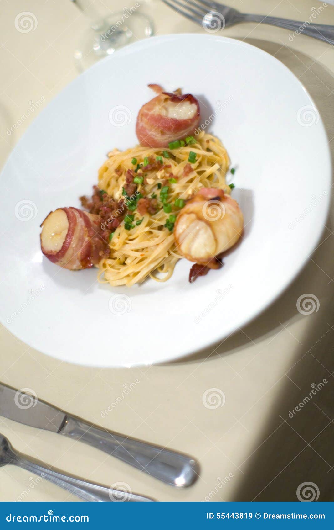 Bacon Wrapped Scallops and Fettuccine Stock Image Image of pasta
