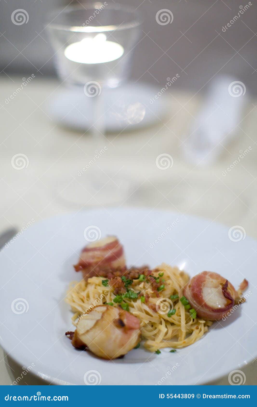 Bacon Wrapped Scallops and Fettuccine Stock Image Image of dinner