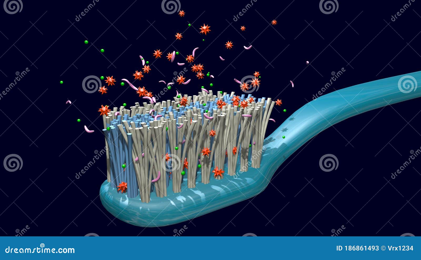 Bacteria on, Around Toothbrush. Close View . 3d Rendering Stock