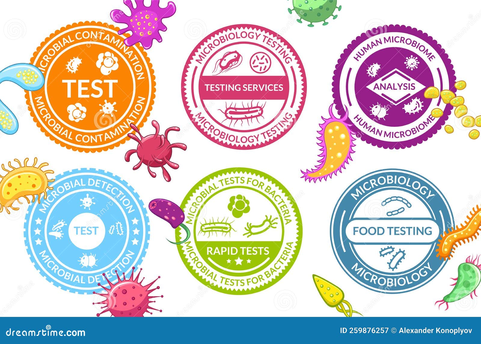 Bacteria and Microbes Circle Label with Germs Set Vector Flat Biology