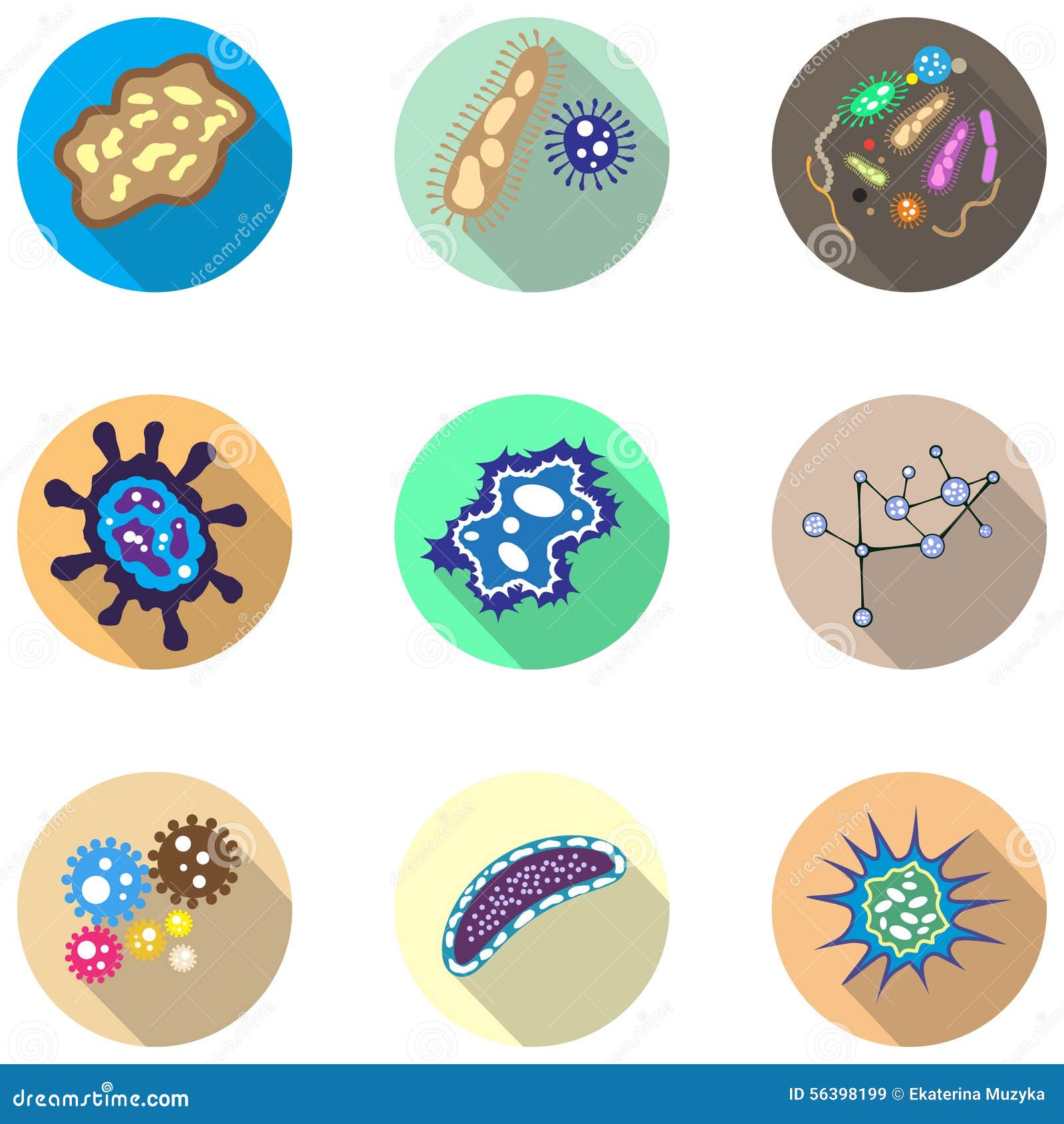 bacteria, microorganism and virus cells icons set