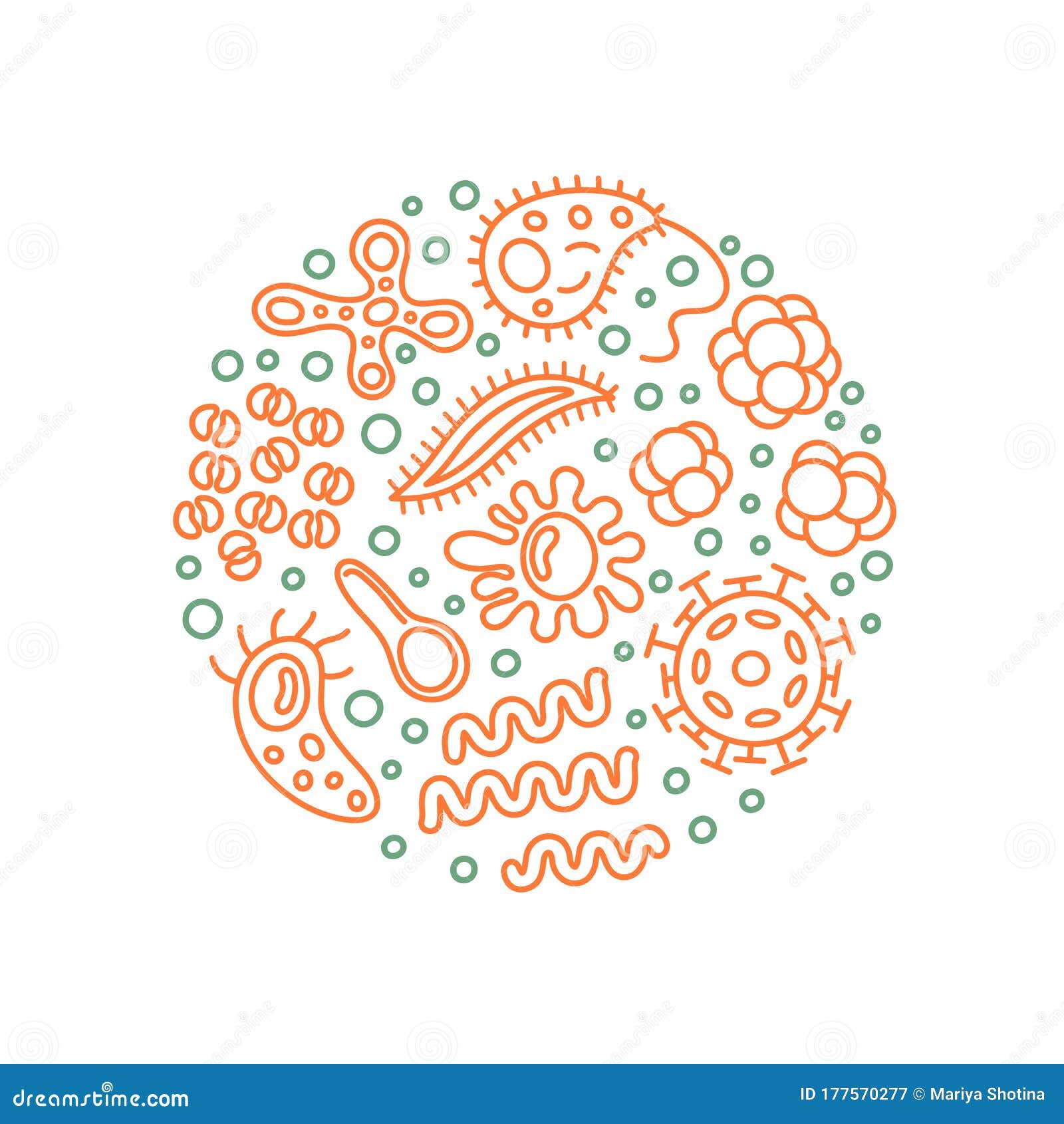 bacteria and viruses in circle, micro-organisms disease-causing objects. different types, bacteria, viruses, coronavirus