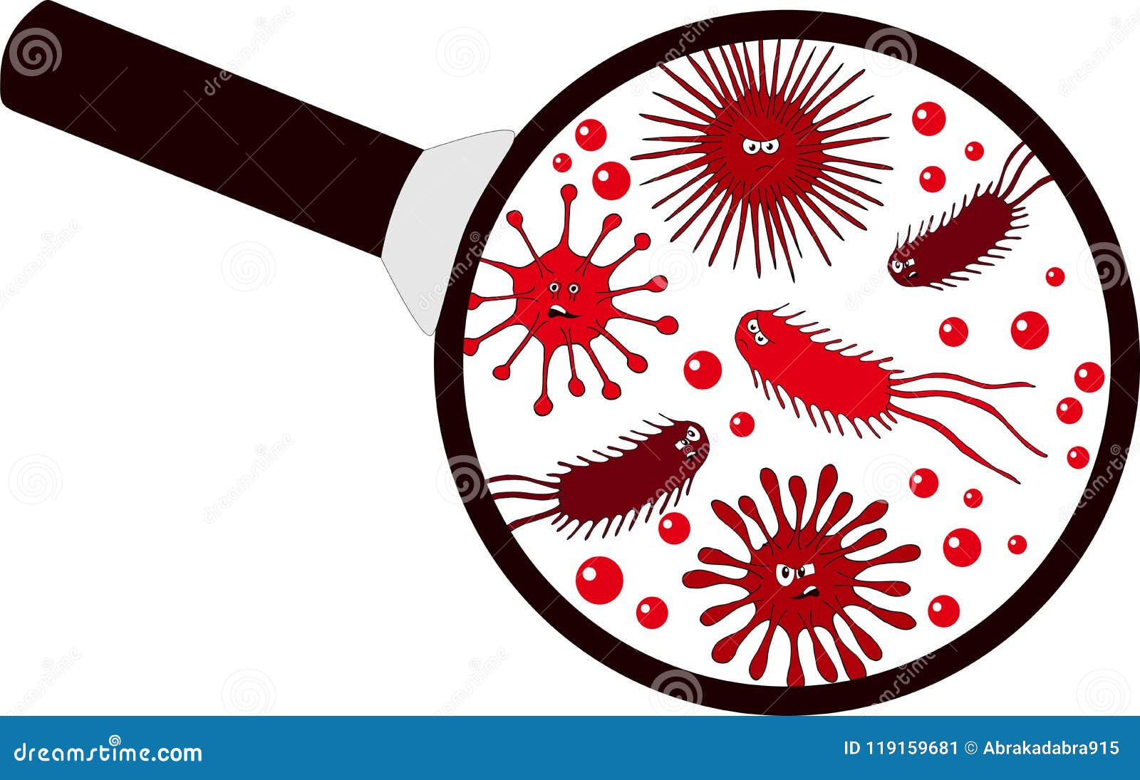 bacterial microorganism in a magnifier. bacteria and germs colorful set, micro-organisms, bacteria, viruses, protozoa