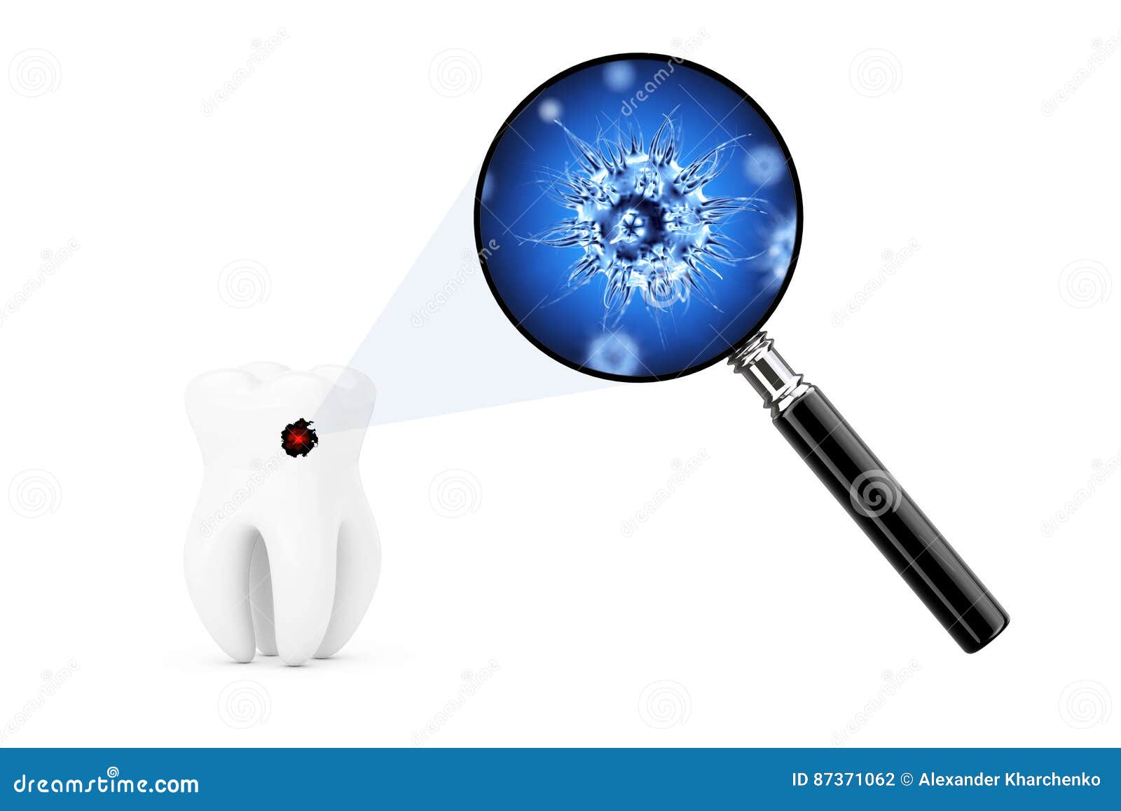 bacterias and viruses on a tooth seens through magnifying glass.