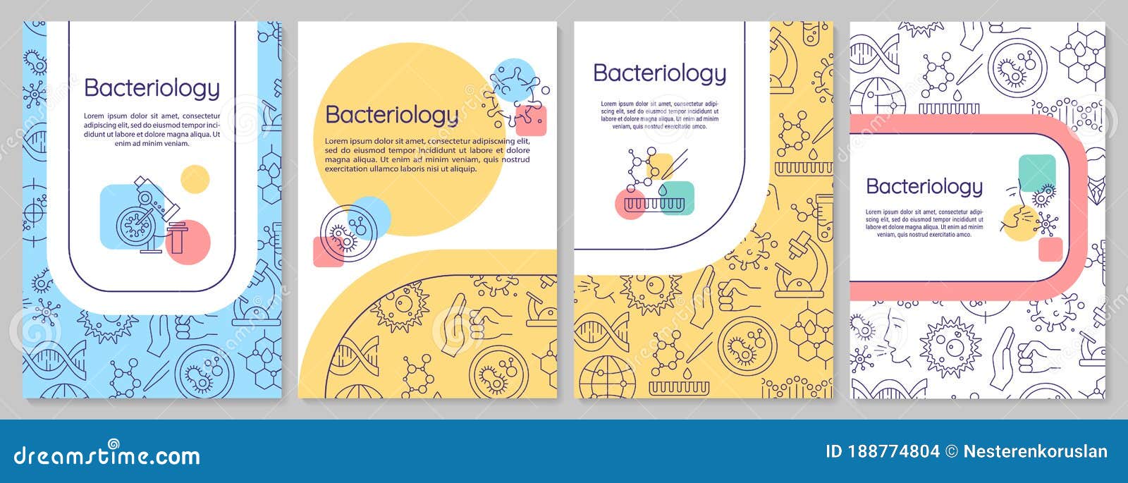 bacteriology brochure template. healthcare research. flyer, booklet, leaflet print, cover  with linear icons