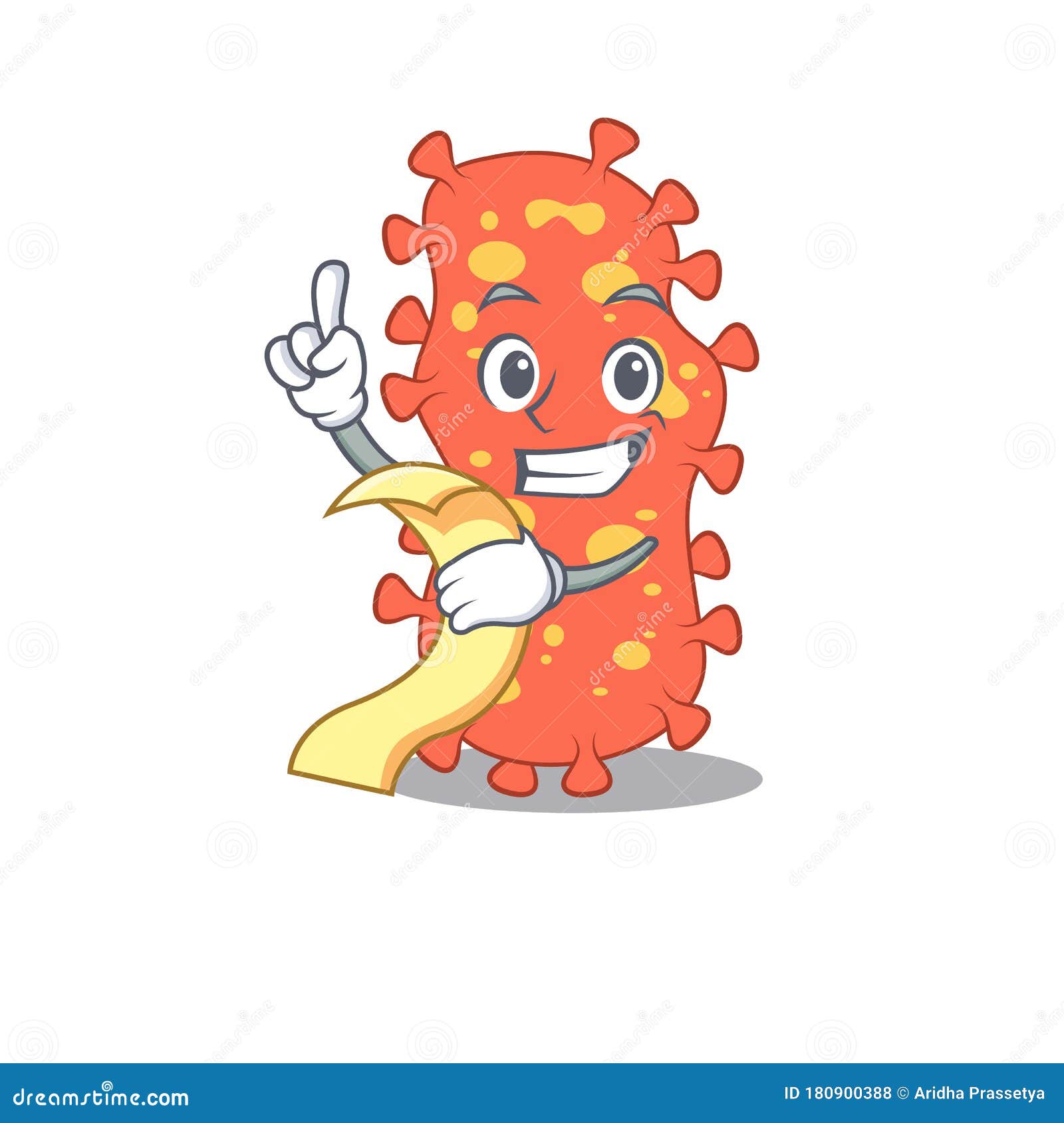 bacteroides mascot character  with a menu on his hand