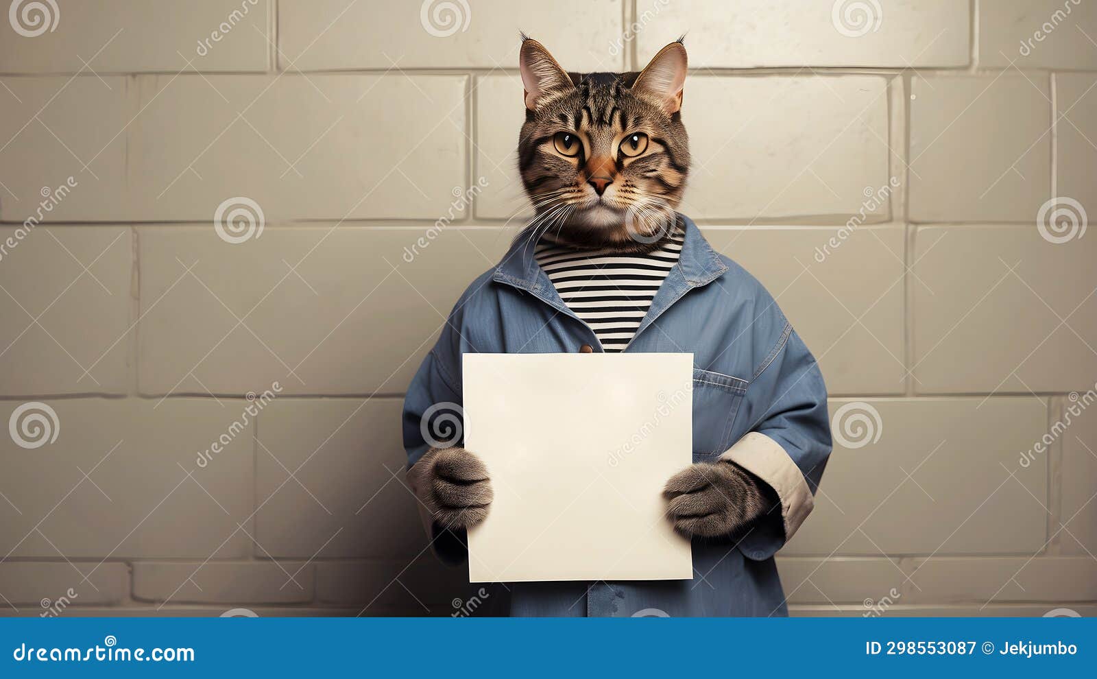 Busted, funny humorous large original photograph of a bad cat wearing  vintage dress and sweater posing for her mug shot at the Cat-town Jail