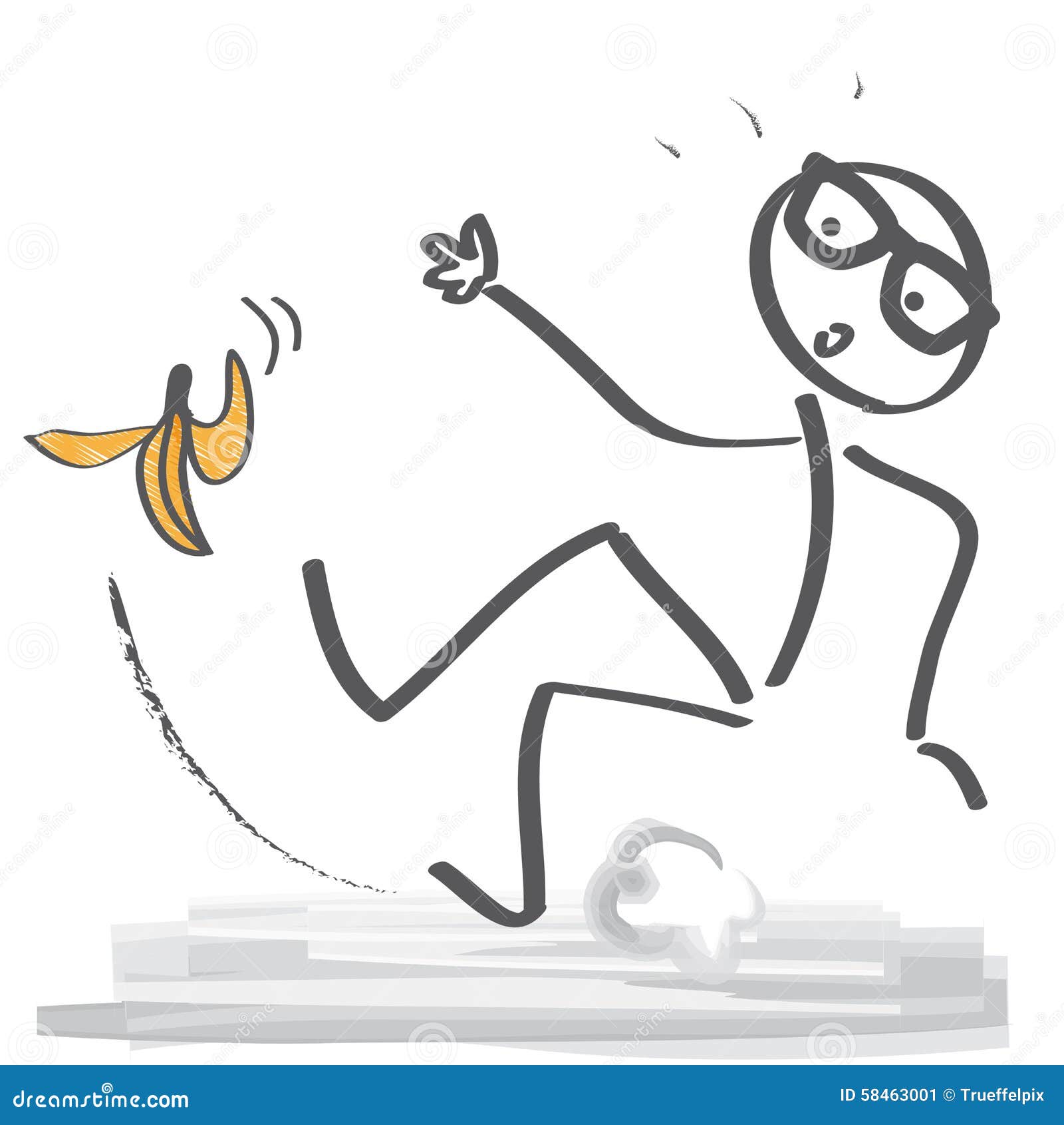 Bad luck. Stick figure slipping on a banana peel