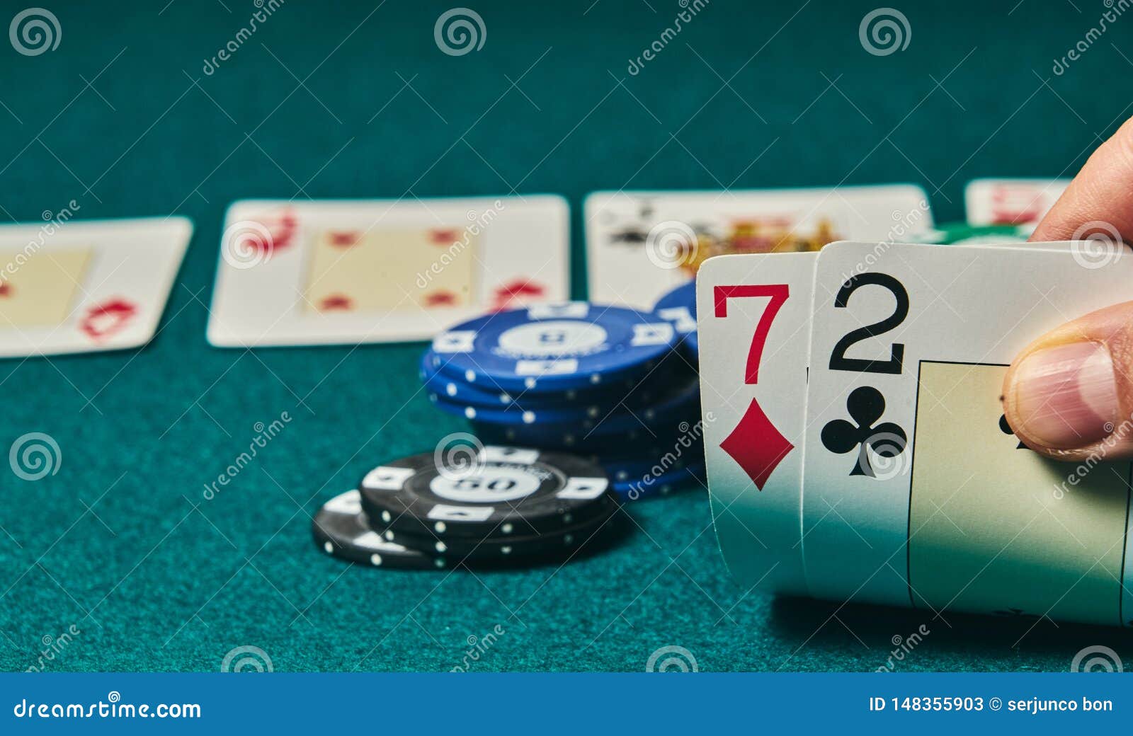historic Enrichment gloss Bad Poker Gamble or Unlucky Hand Concept with Player Going All in with 2  and 7 Two and Seven Offsuit Also Called Unsuited, Stock Image - Image of  gambler, careless: 148355903
