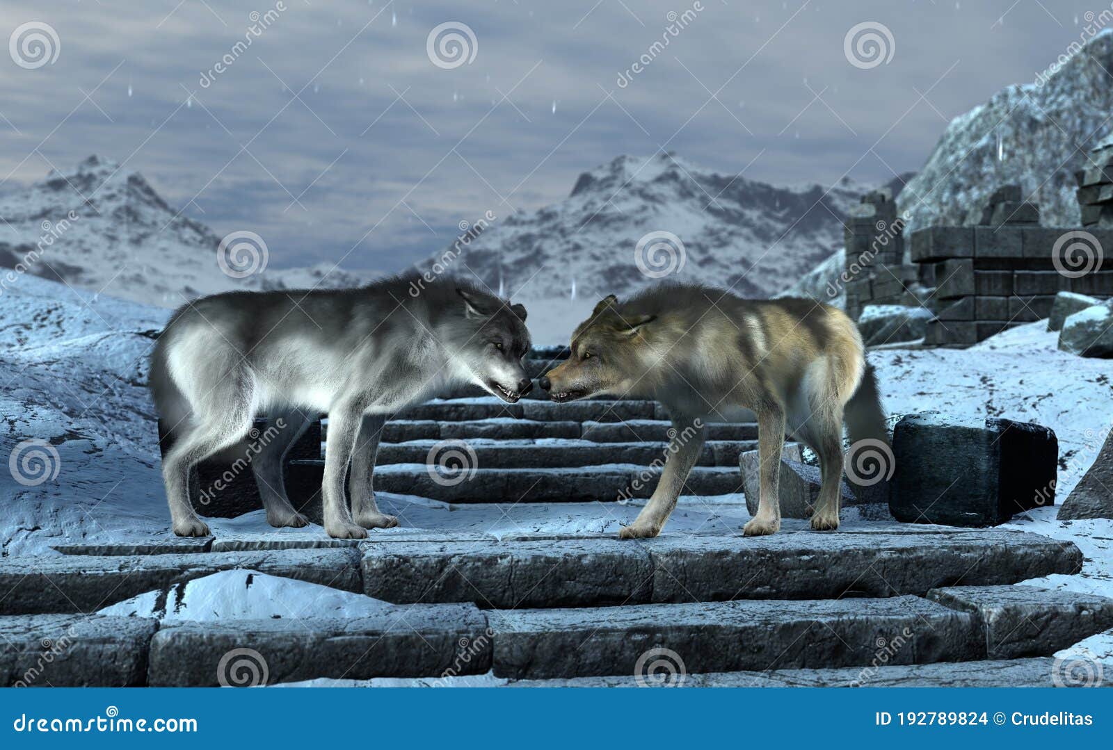 Two Growling Wolves. 3D Illustration Stock Illustration - Illustration of  wolves, trees: 192789824