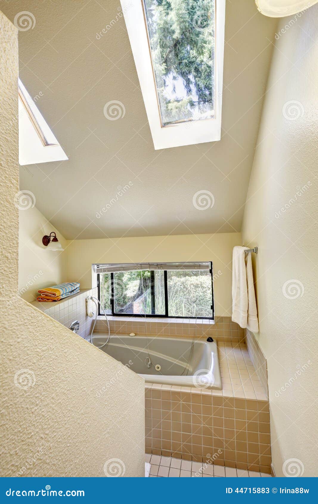 Badezimmer Mit Hoher Gewölbter Decke Und Oberlicht Stockbild - Bild von