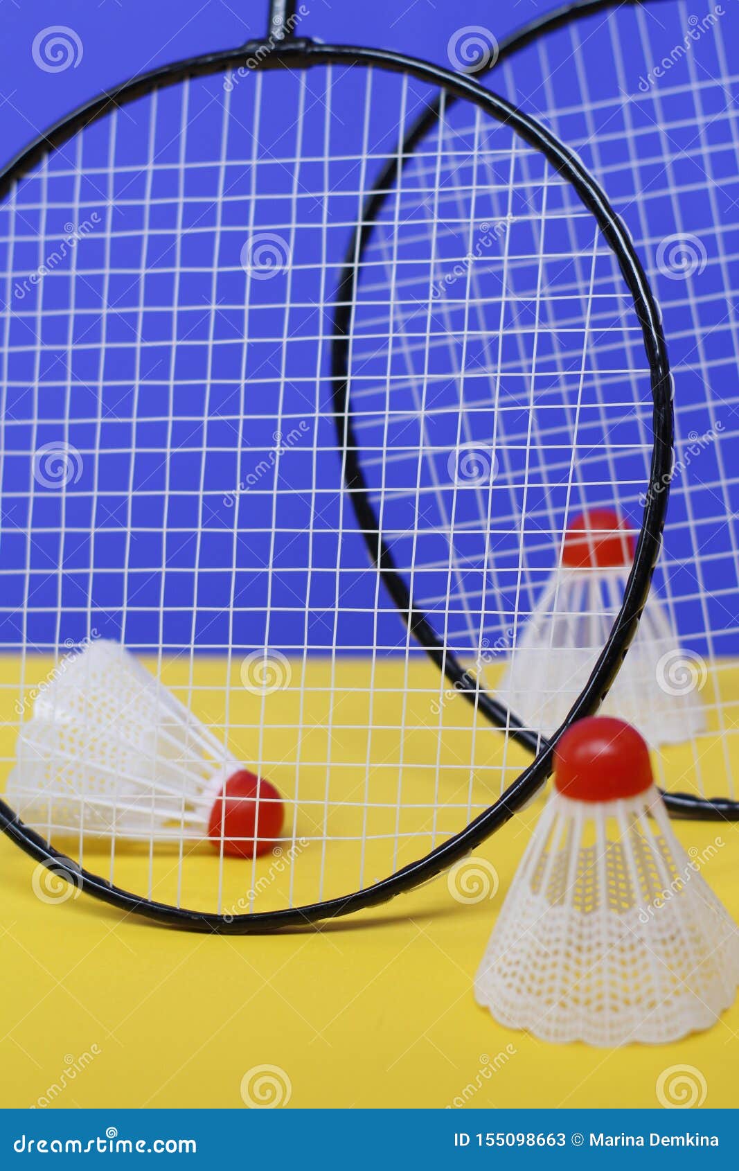 Badminton. Three Shuttlecocks And Two Badminton Rackets Stock Image