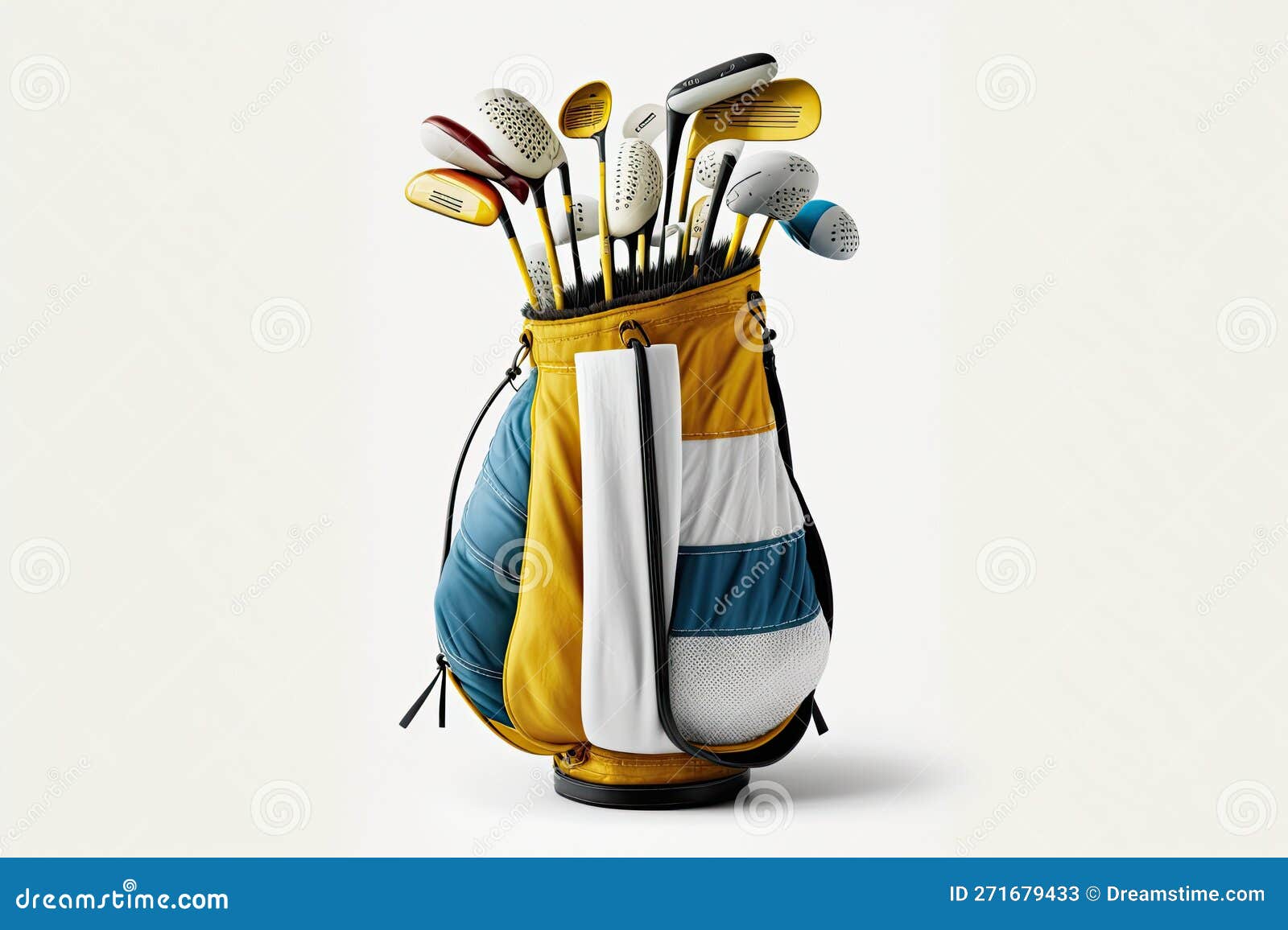 A Bag Containing Golf Clubs in Two Colors, Displayed on a White