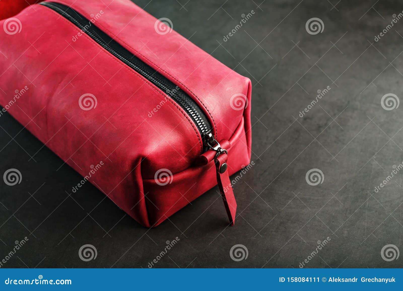 Bag for Cosmetics and Jewelry Made of Genuine Red Leather, on a Dark ...
