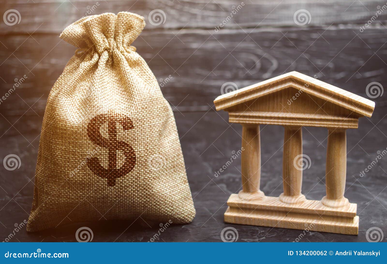 a bag with dollar money and a bank or government building. deposits, investment in the budget. grants and subsidies. payment of