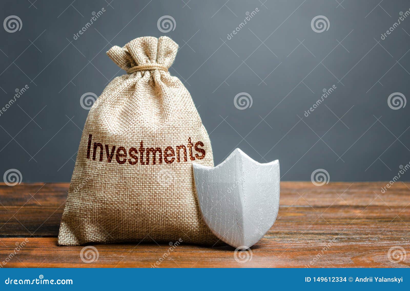 bag with the inscription investment and shield. guarantee of protection of foreign investment in the economy