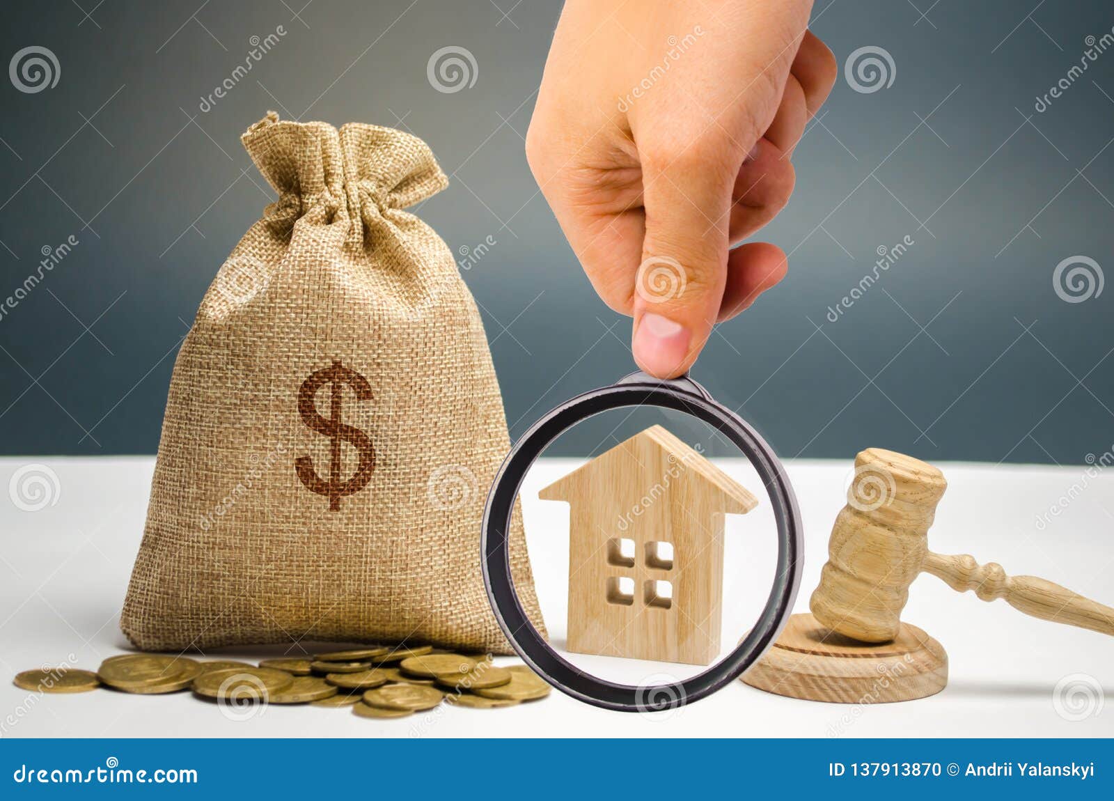 bag of money, house and gavel. confiscation of property due to non-payment of taxes. property alienation. taxes on real estate,