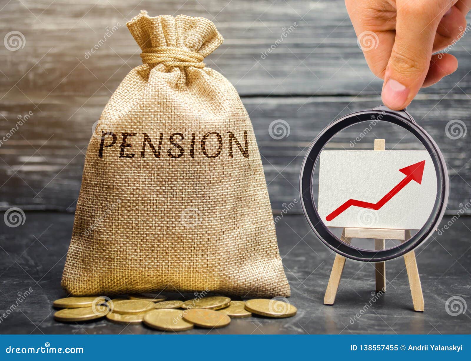 bag with money and word pension and up arrow with coins. increase pension payments. saving money, retirement. future investment.