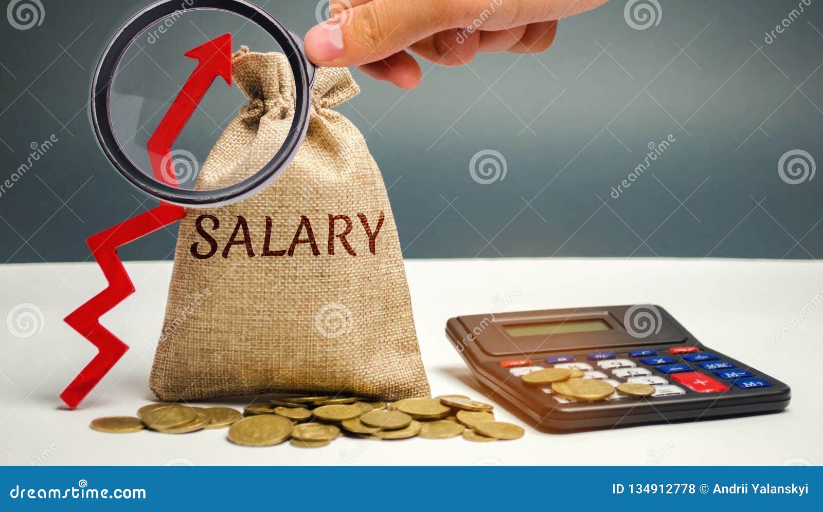 bag with money and word salary and up arrow with calculator. increase of salary, wage rates. promotion, career growth. raising the