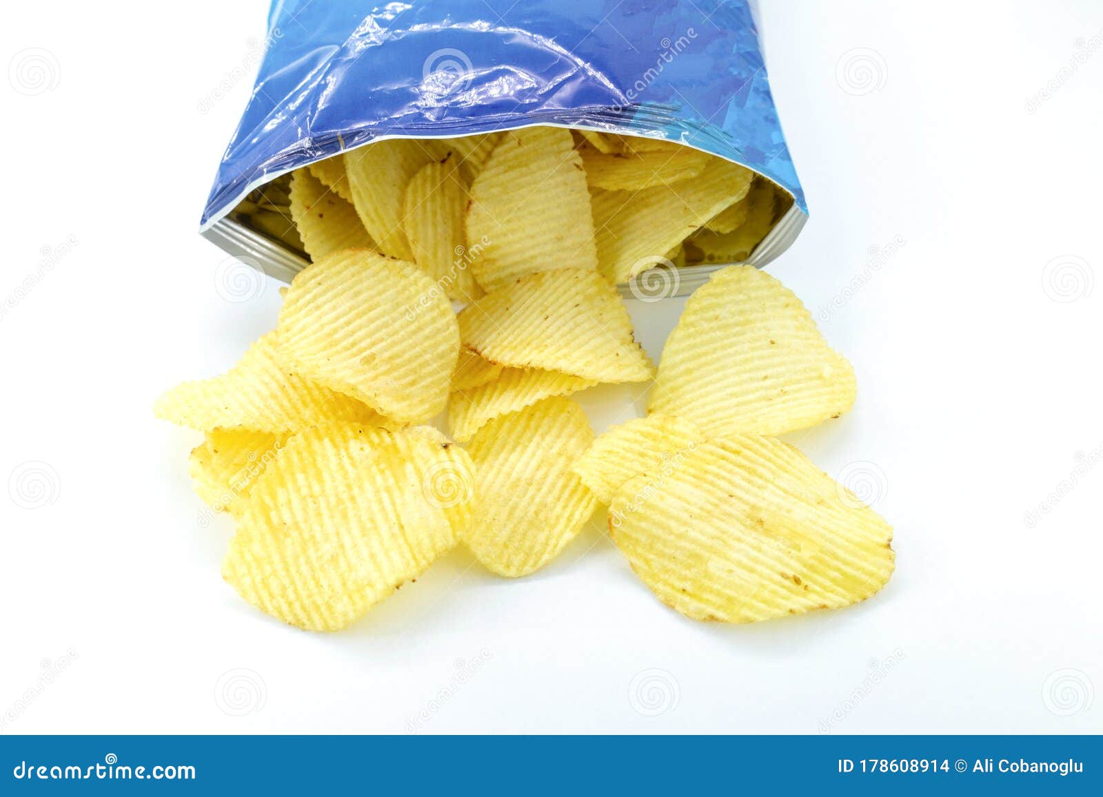 bag of potato chips on white background