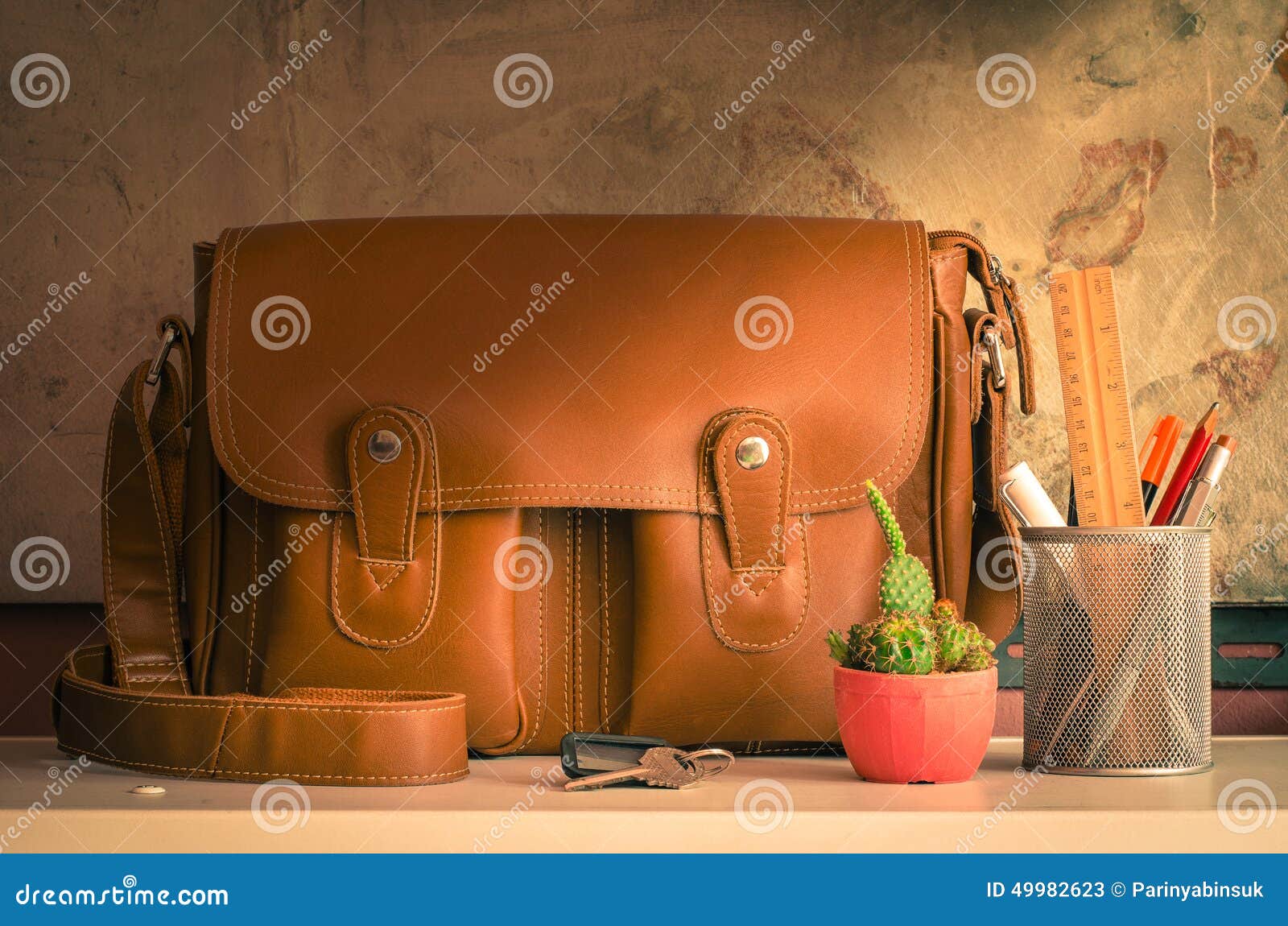 Bag and Stationary on Table Stock Image - Image of retro, home: 49982623