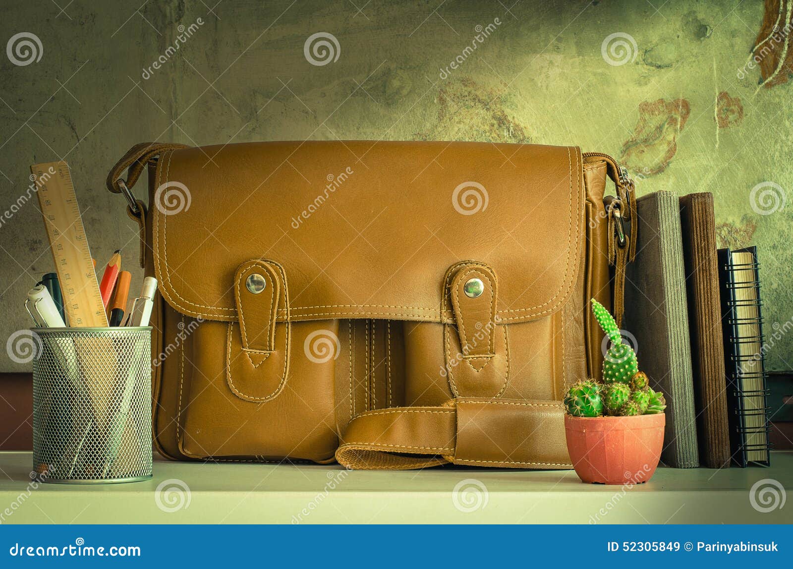 Bag and Stationary on Table Stock Image Image of male, business 52305849