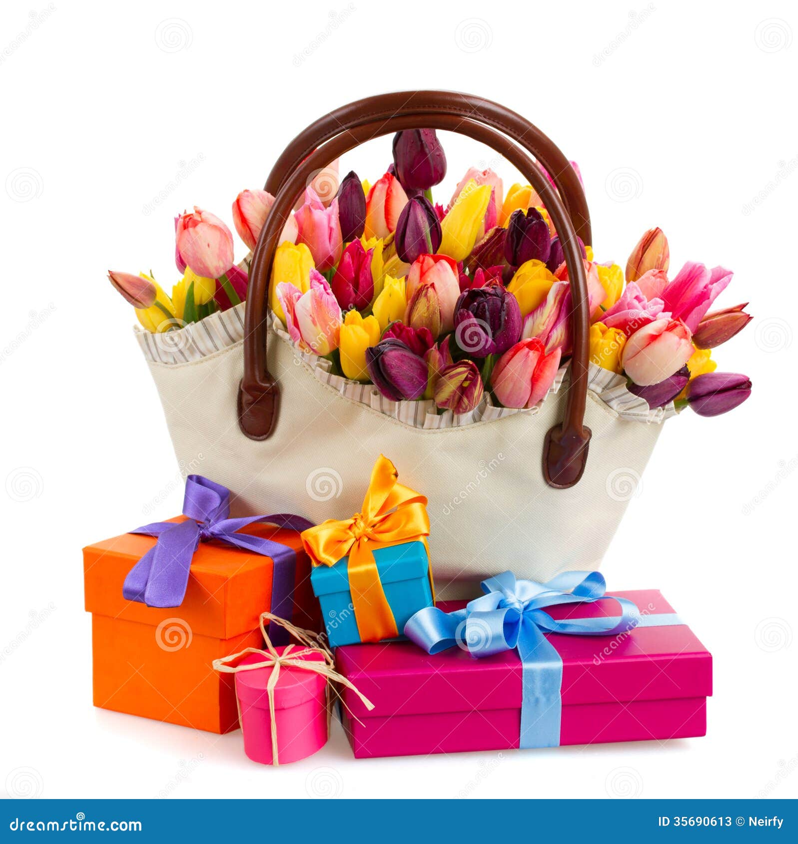 Bag of Tulips Flowers with Gift Boxes Stock Image Image of flora