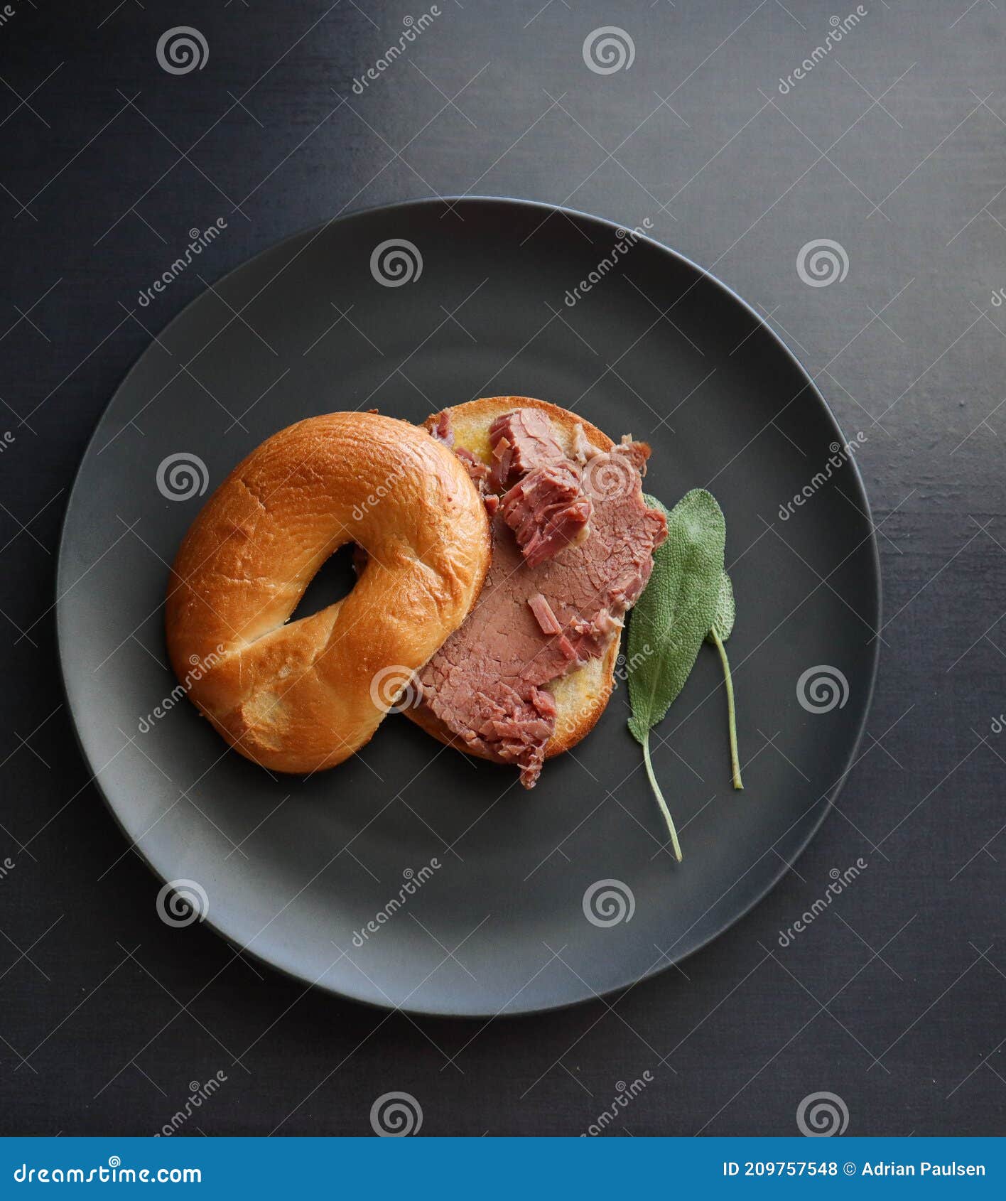 Bagel with Corned Beef and Sage Leaves Stock Photo Image of sandwich