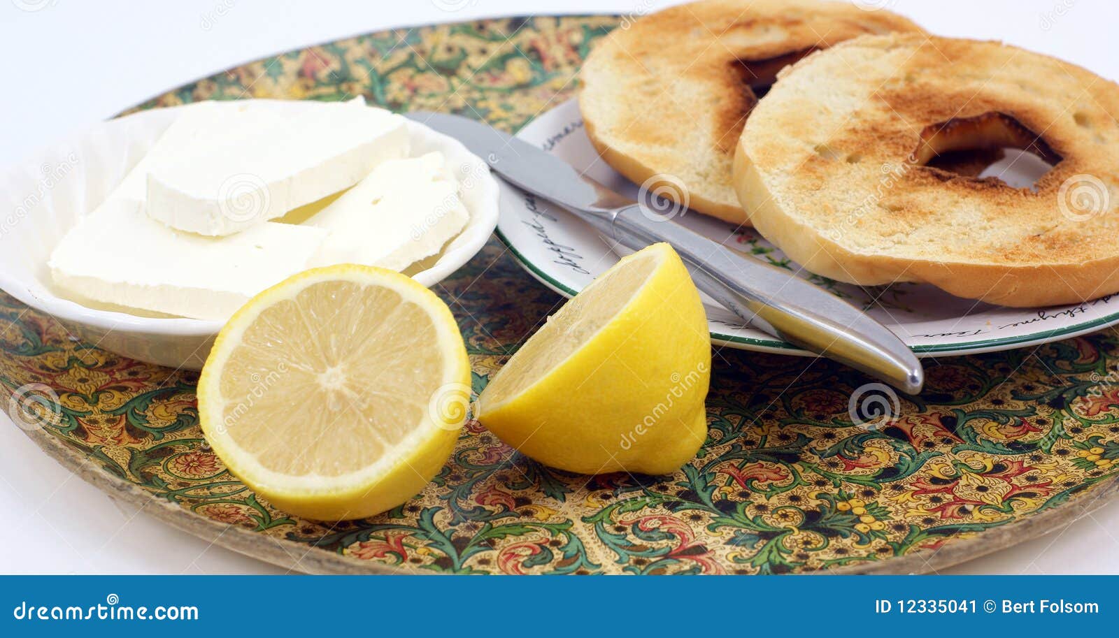 Bagels breakfast on tray stock image. Image of lemon 12335041