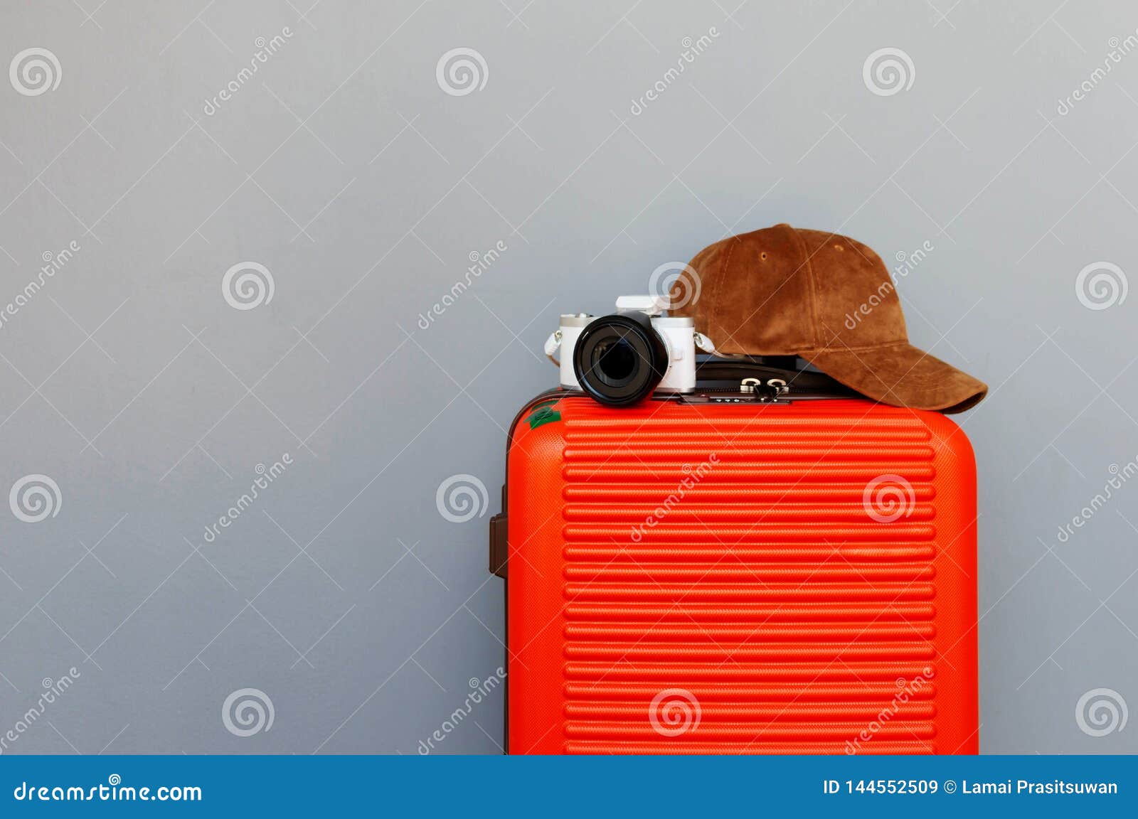 Baggage, Camera and Cap with Copy Space Stock Image Image of design