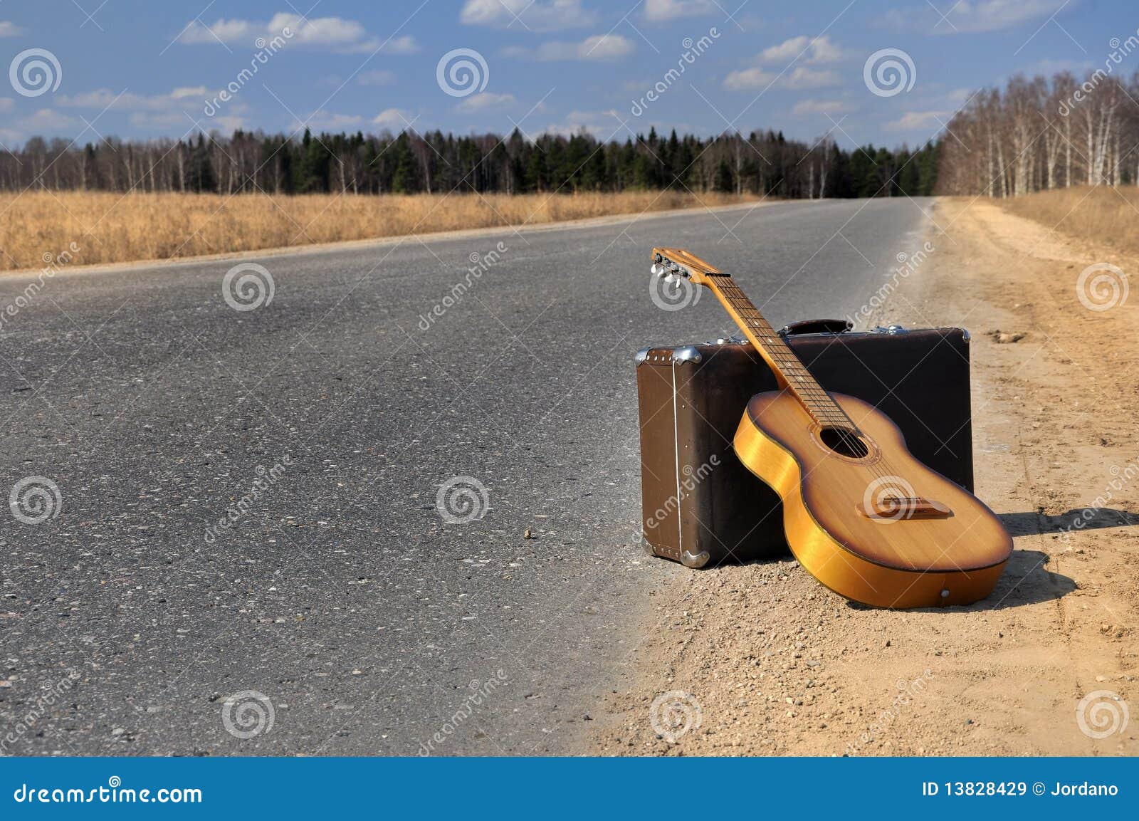 Baggage and Guitar on Empty Road Stock Image Image of road, departure