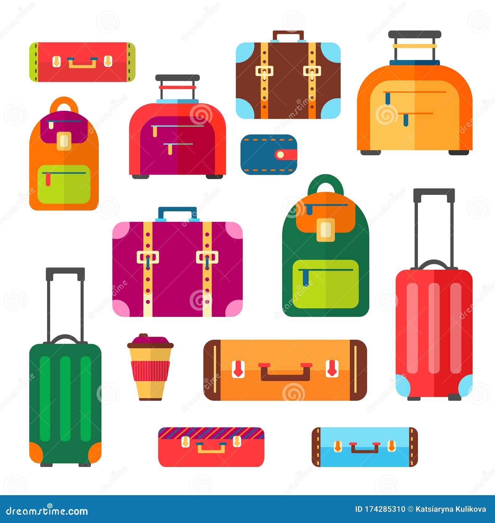 Baggage Luggage Suitcase Backpack Vector Travel Set Stock Vector ...