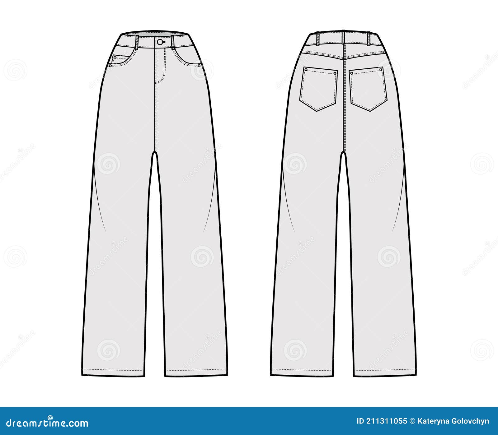 Baggy Jeans Denim Pants Technical Fashion Illustration with Full