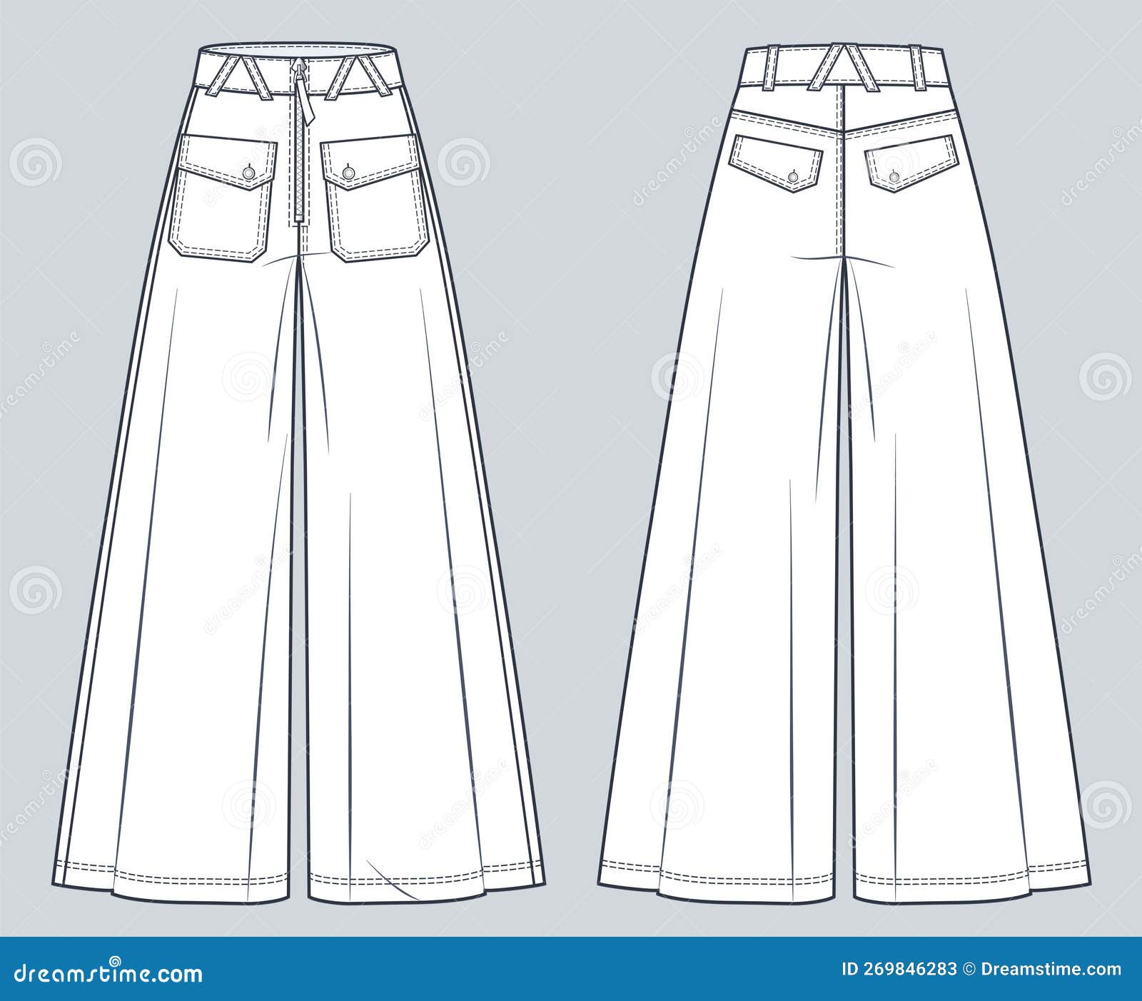 Baggy Jeans Pants Technical Fashion Illustration. Wide Pants Fashion Baggy Jeans Pants Technical Fashion Illustration. Wide Pants Fashion