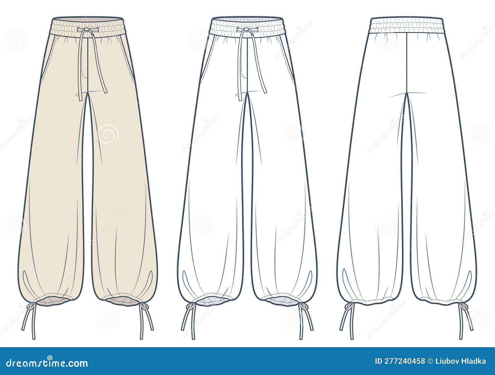 Baggy Pants Fashion Flat Technical Drawing Template. Jogger Pants