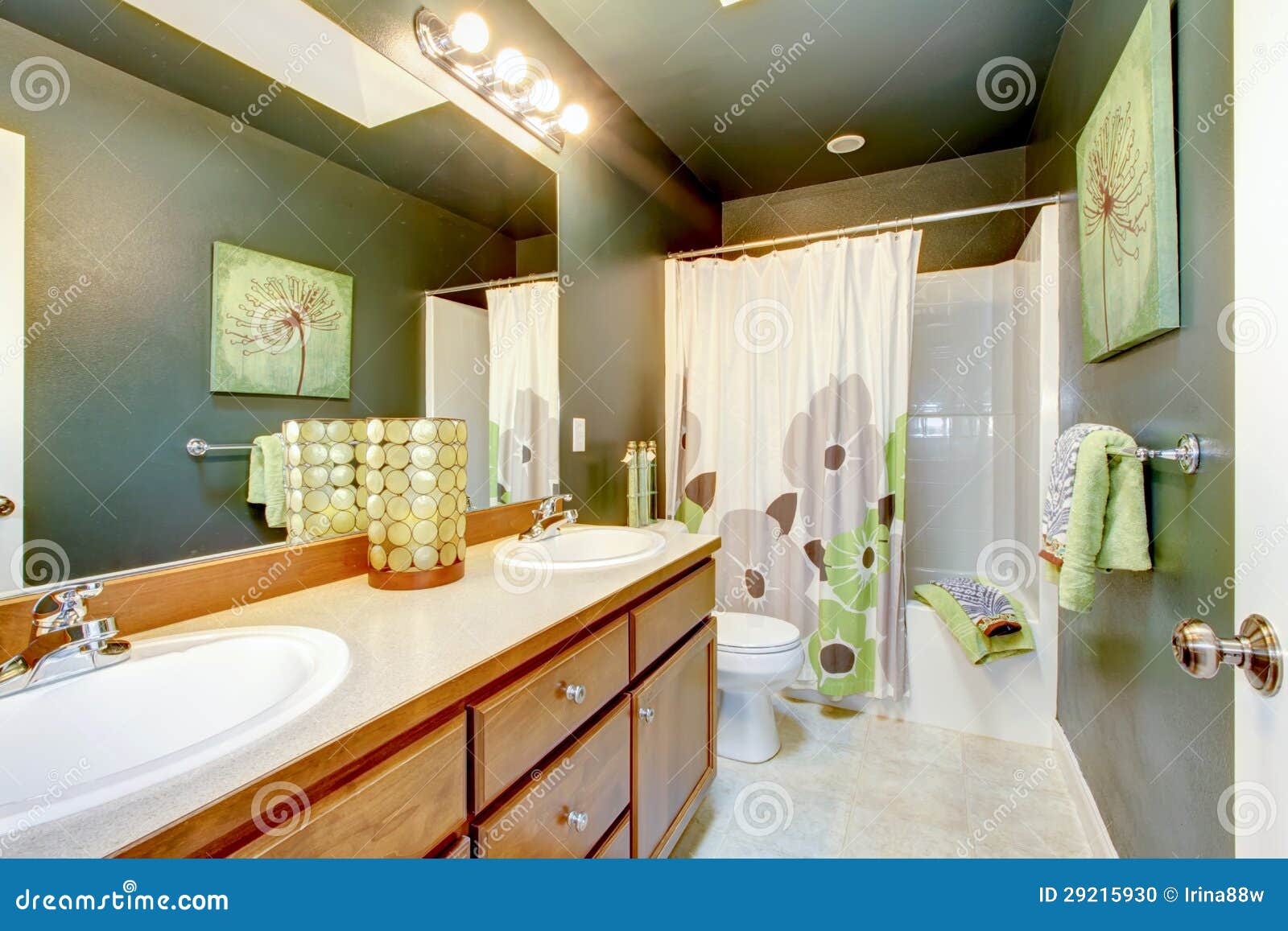 Bagno verde con il gabinetto e la vasca di legno della doccia ...