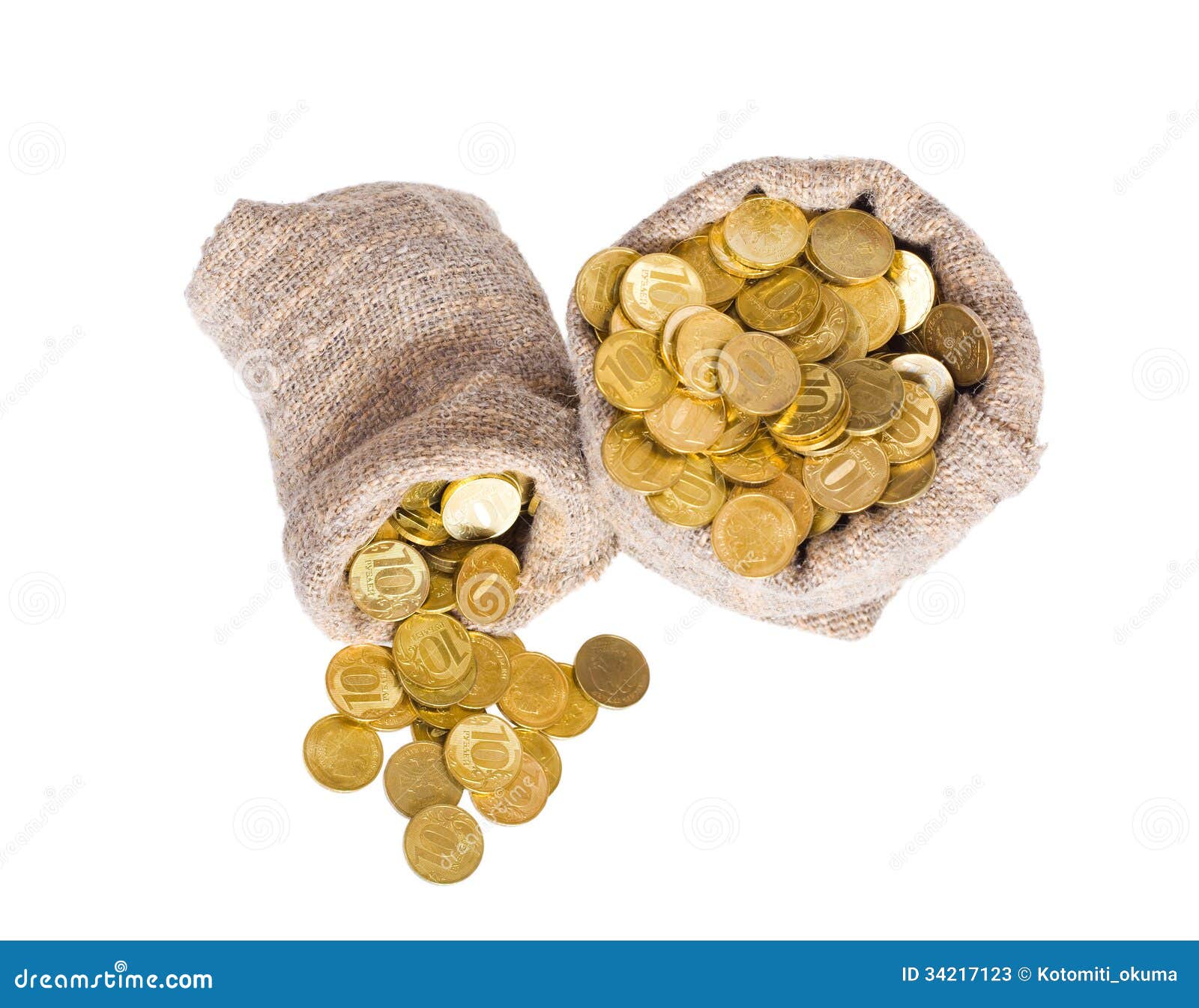 Bags filled with coins. stock image. Image of pouch, heap 34217123