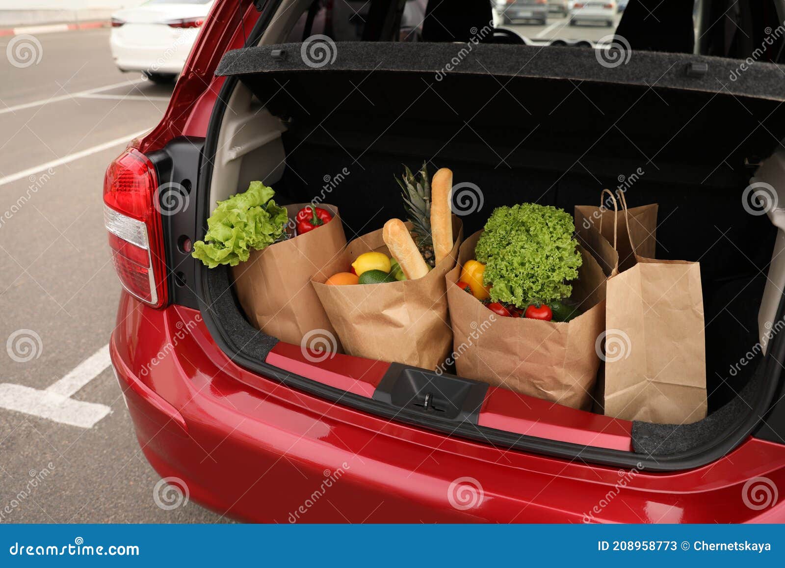 Bags Full of Groceries in Car Trunk Outdoors Stock Image Image of