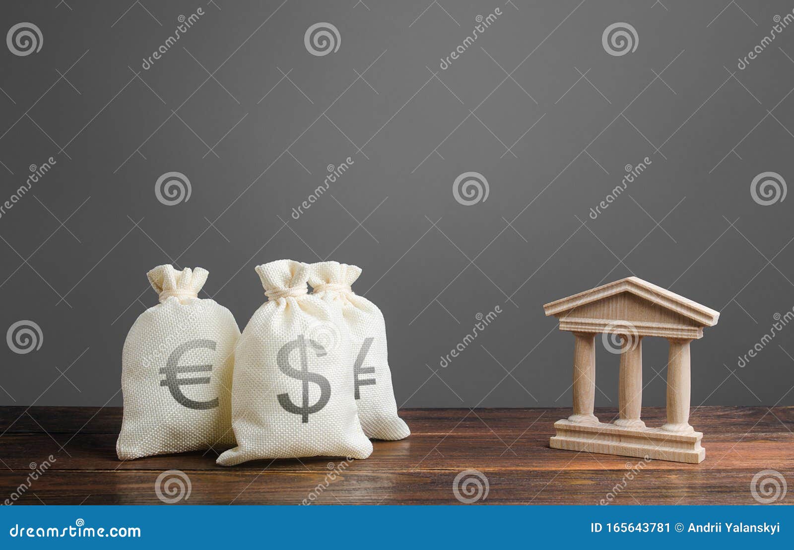 bags of money and a bank building. investments and deposits. lending to businesses and projects, financing and banking services