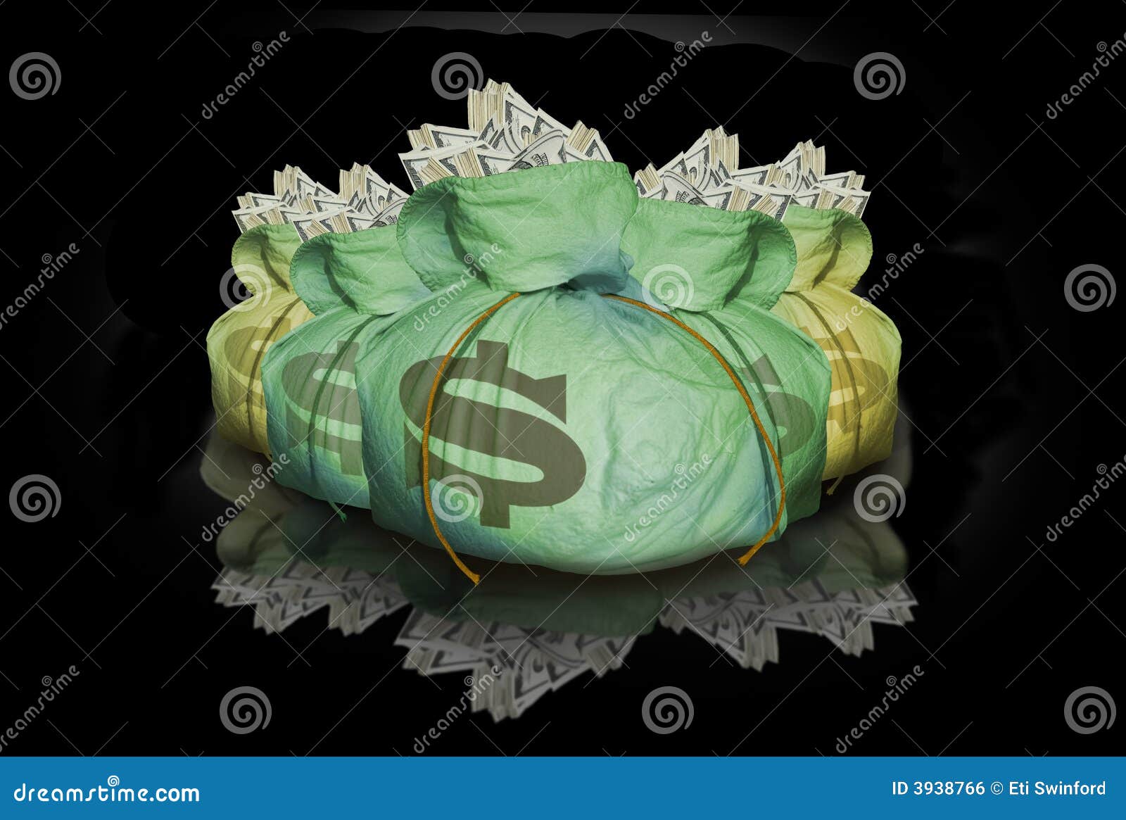 bags of money with reflection