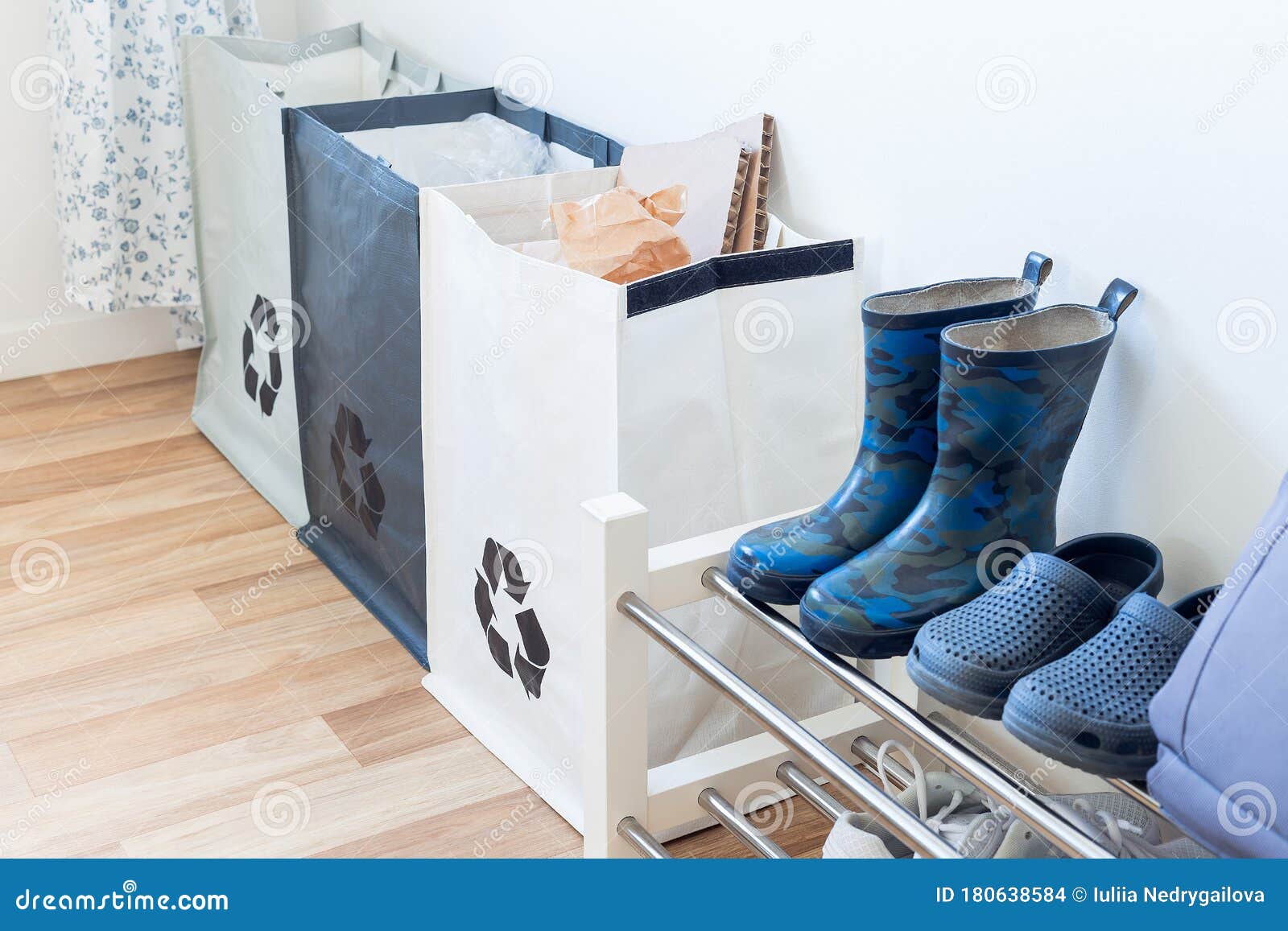 Bags for Paper, Plastic, Glass on the Kitchen, Garbage Sorting Save Earth Concept, Horizontal