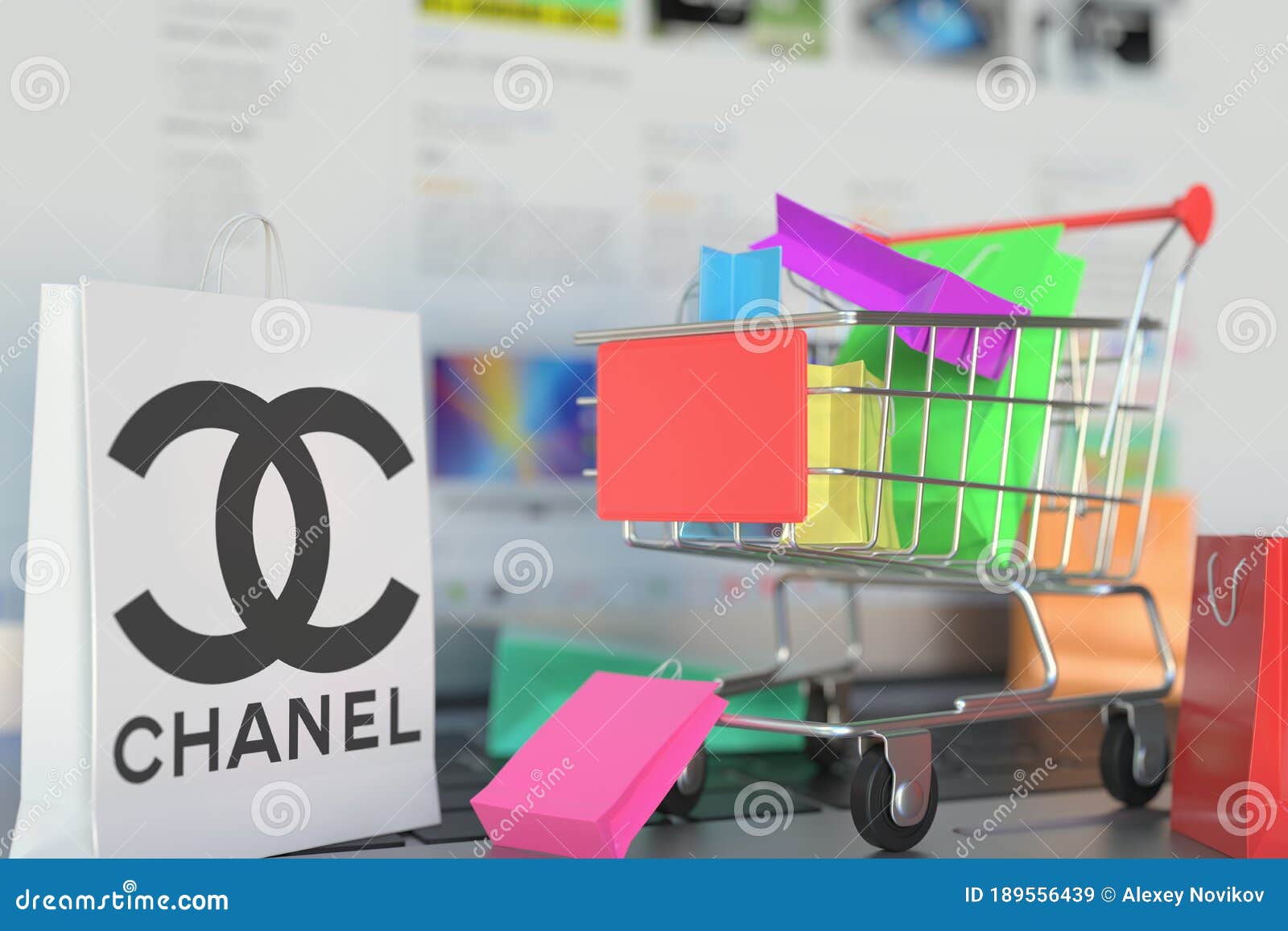 Bag with Chanel Logo and Shopping Cart on a Laptop Keyboard. Editorial  Online Shopping Related 3D Rendering Editorial Stock Image - Illustration  of screen, chanel: 189556439